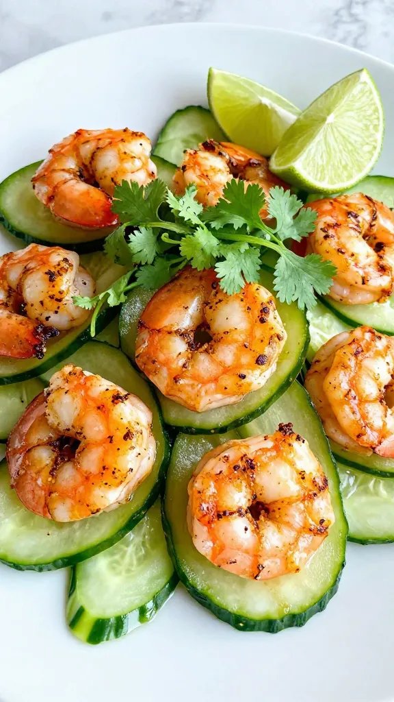 A high-resolution, realistic photo of a plated Cajun Shrimp Cucumber Ribbons dish. Feature plump, lightly charred Cajun-seasoned shrimp arranged atop a bed of thin, elegant cucumber ribbons that twist and curl for texture. Garnish with fresh lime wedges and a handful of chopped cilantro for bright green contrast. Use a clean, light backdrop (soft white or pale granite) with natural, diffused lighting to highlight the glossy shrimp shells, the vivid green cucumbers, and the citrusy lime. Include subtle texture details such as a light dusting of Cajun spice on the shrimp and a glossy lime juice glaze on the cucumbers. The presentation should look vibrant, fresh, and restaurant-quality, suggesting the dish is suitable as a main course or a striking side. No text or branding in the image.