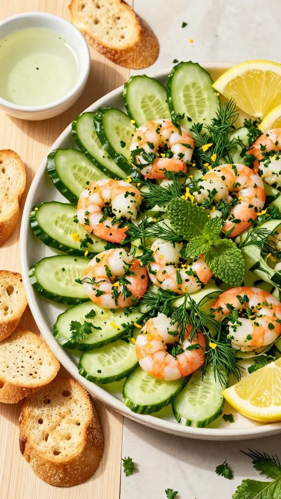 A high-resolution, realistic food photography scene featuring a vibrant cucumber shrimp salad platter as the main subject. Centerpiece: an artfully arranged platter brimming with crisp cucumber ribbons and bite-sized shrimp tossed with a bright herb mixture. Generously scattered fresh parsley, dill, and tarragon leaves, with delicate mint sprigs adding a refreshing note. Zest of lemon visible as bright yellow shavings for a pop of color. Surrounding the platter: a rim of crisp crackers or crostini for scooping, with small bowls of light dipping sauce and additional lemon wedges. Lighting: warm, natural daylight with soft shadows to emphasize the freshness of herbs and the translucence of cucumber slices. Setting: a clean, summer-ready wooden table or light-toned marble surface, minimal background distractions, no text on the image. The overall mood should be bright, herb-forward, and inviting, illustrating a social-friendly, herb-loaded cucumber shrimp platter perfect for sharing.