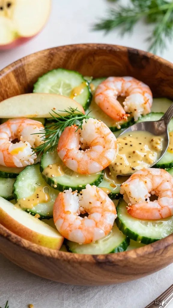 A high-resolution, realistic still-life photo of a bright and fresh cucumber shrimp salad in a rustic wooden bowl set on a light prep table. The dish features tender pink shrimp, crisp cucumber rounds sliced thinly, and a glossy Dijon mustard dressing with visible small grains of whole grain mustard. Scatter a few apple slices or a splash of apple cider vinegar glaze for brightness. Include a small spoon with a dab of dressing showing its creamy texture, and a sprig of fresh dill or parsley as a garnish. Use natural daylight, shallow depth of field to softly blur the background, warm tones, and vibrant greens and pinks to emphasize freshness and flavor. The image should clearly reflect the section’s title focus: Dijon Mustard Cucumber Shrimp Salad, with the main subject (the salad) taking center stage. No text.