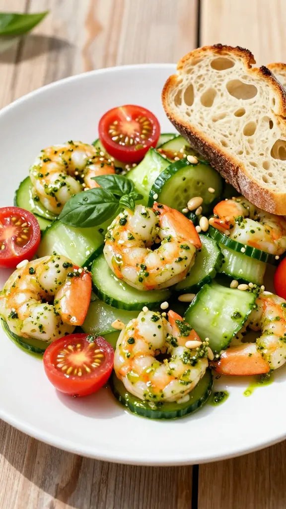 Create a hyper-realistic, high-quality food photograph of a bright, sunlit plate featuring a vibrant Pesto Cucumber Shrimp Salad. The main subject should be succulent shrimp curled over fresh, crisp cucumber ribbons tossed in a glossy, herby pesto coating, with visible specks of fresh basil and garlic. Include halved cherry tomatoes for pops of red, a small sprinkle of pine nuts for crunch, and a side of warm, crusty bread partially sliced or torn to reveal a fluffy interior. The setting is a rustic wooden table with natural daylight, subtle shadows, and a light drizzle of pesto around the plate for an artisanal touch. The composition should feel like a summery, vacation-inspired dish, emphasizing bright greens, red tomatoes, and golden shrimp against a clean, uncluttered background. No text or branding on the image.