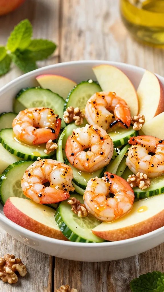 Create a realistic, high-quality photo of a bright, summery Crunchy Apple Cucumber Shrimp Salad bowl as the main subject, featuring succulent grilled shrimp atop a bed of crisp cucumber ribbons and thin apple slices. Include a light honey-lemon dressing glistening over the ingredients, with toasted walnuts scattered for texture. The bowl should be presented on a rustic wooden table with soft natural sunlight, a few fresh mint leaves for color, and a subtle background suggesting a sunny outdoor picnic or kitchen counter. Ensure no text appears in the image. The composition should emphasize the contrast between juicy apple chunks, crunchy cucumber, and pink shrimp, conveying a refreshing, family-friendly summer salad.
