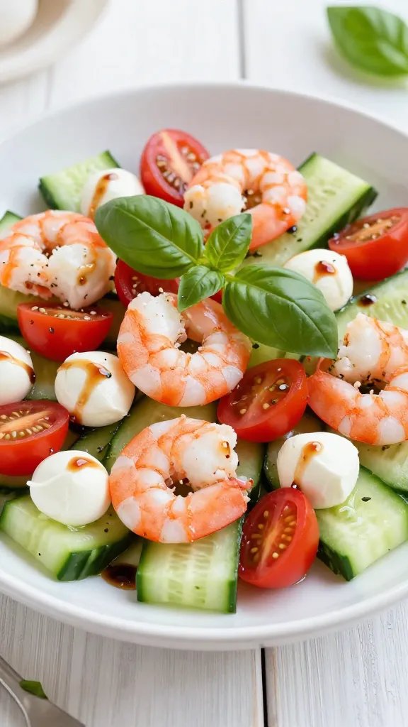 A high-resolution, photorealistic image of a Caprese-inspired cucumber shrimp salad. The main subject is a visually striking bowl or platter featuring neatly arranged cucumber ribbons or rounds forming a base, topped with juicy cherry tomato halves, small fresh mozzarella balls, and plump pink shrimp distributed artfully on top. Fresh basil leaves are scattered generously, with a delicate balsamic glaze drizzle over the arrangement. The composition should evoke a light, summery lunch or stylish appetizer, with natural daylight highlighting the glossy mozzarella, the vibrant red of tomatoes, and the crisp green of cucumbers. The scene is plated on a clean white or light wooden surface, with minimal garnish in the background to keep focus on the salad, and there should be no text or branding in the image.