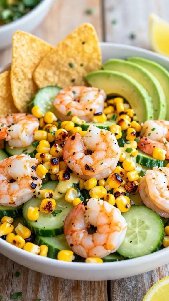 Create a realistic, high-quality food photograph of a vibrant Roasted Corn and Cucumber Shrimp Salad as the main subject, inspired by the article "25 Easy Cucumber Shrimp Salad Recipes You'll Want to Make All Summer." The bowl should present a hearty, summery salad with charred corn kernels that have a smoky caramelization, cool crisp cucumber slices, and plump shrimp. Include a bright lemon-lime dressing visible as a light glaze on the ingredients. Add avocado slices and a few tortilla chips on the side for texture and color contrast. The scene should be bright and sunlit, with fresh green herbs lightly sprinkled, a rustic wooden table background, and shallow depth of field to keep the salad in sharp focus while softly blurring the background. Emphasize the warm, summery vibe with natural colors: golden-charred corn, emerald cucumber, pinkish shrimp, and pale green avocado, all arranged invitingly in a stylish bowl. No text on the image.