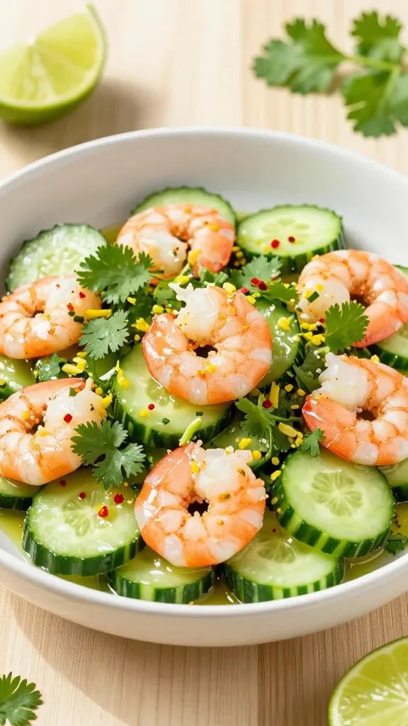 A high-quality, realistic photo of a bright cilantro lime cucumber shrimp salad as the main subject, plated in a clean, modern bowl on a light wooden table. The salad features vibrant sliced cucumbers, plump pink shrimp, finely chopped fresh cilantro, and a generous drizzle of lime juice with visible lime zest. Crushed red pepper flecks provide a subtle red kick. The lighting is sunny and tropical, with fresh lime wedges and cilantro sprigs garnishing the dish to emphasize a zesty, refreshing vibe perfect for hot days. No text in the image.