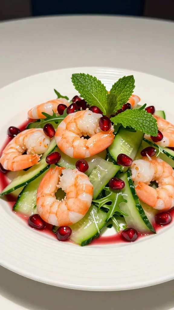 A realistic, high-quality photo of a plated cucumber shrimp salad featuring bright red pomegranate arils scattering across crisp cucumber ribbons and succulent shrimp. The salad sits on a white, elegant plate with a light drizzle of red wine vinaigrette around the edge. A fresh base of mint leaves and peppery arugula provides a vibrant green backdrop, with the shrimp arranged neatly and the arils adding jewel-like pops of red. The lighting is soft and inviting, highlighting the glossy shrimp, the translucent cucumber slices, and the vivid contrast of pomegranate seeds, all arranged in an artful, restaurant-quality presentation suitable for entertaining. The composition should feel summery, fresh, and festive, with a clean, neutral table setting in the background. The main subject references the article title "Pomegranate Cucumber Shrimp Salad" through its focus on shrimp, cucumber, and pomegranate elements. No text on the image.