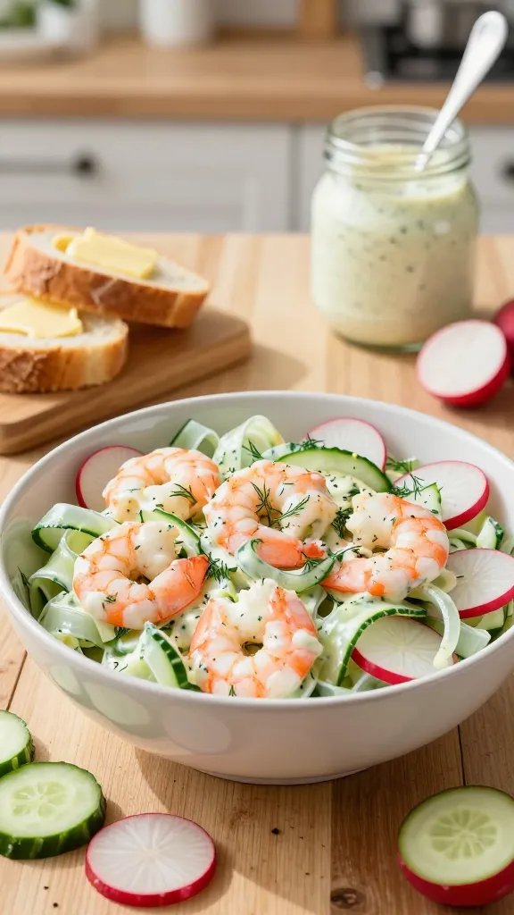 A high-resolution, photorealistic kitchen scene featuring a fresh, vibrant bowl of creamy dill mustard shrimp cucumber radish salad as the main focal point. The salad bowl sits on a rustic wooden countertop with a light, airy summer kitchen backdrop. The dish includes plump pink shrimp, thin translucent cucumber ribbons, crisp radish slices, and a generous coating of pale dill-dotted dressing, with a few dill sprigs and a sprinkle of cracked black pepper visible. Surrounding elements: slices of rustic buttered bread on a small wooden board, a glass jar of extra dressing with a spoon resting inside, a few extra cucumber rounds and radish slices scattered casually, and a soft natural light casting gentle shadows to enhance the creamy texture. The overall color palette should be fresh and vibrant—greens from dill and cucumbers, pinks from shrimp, and white-yellow from the creamy dressing—evoking a summery, inviting, and appetizing side or light main dish. No text.