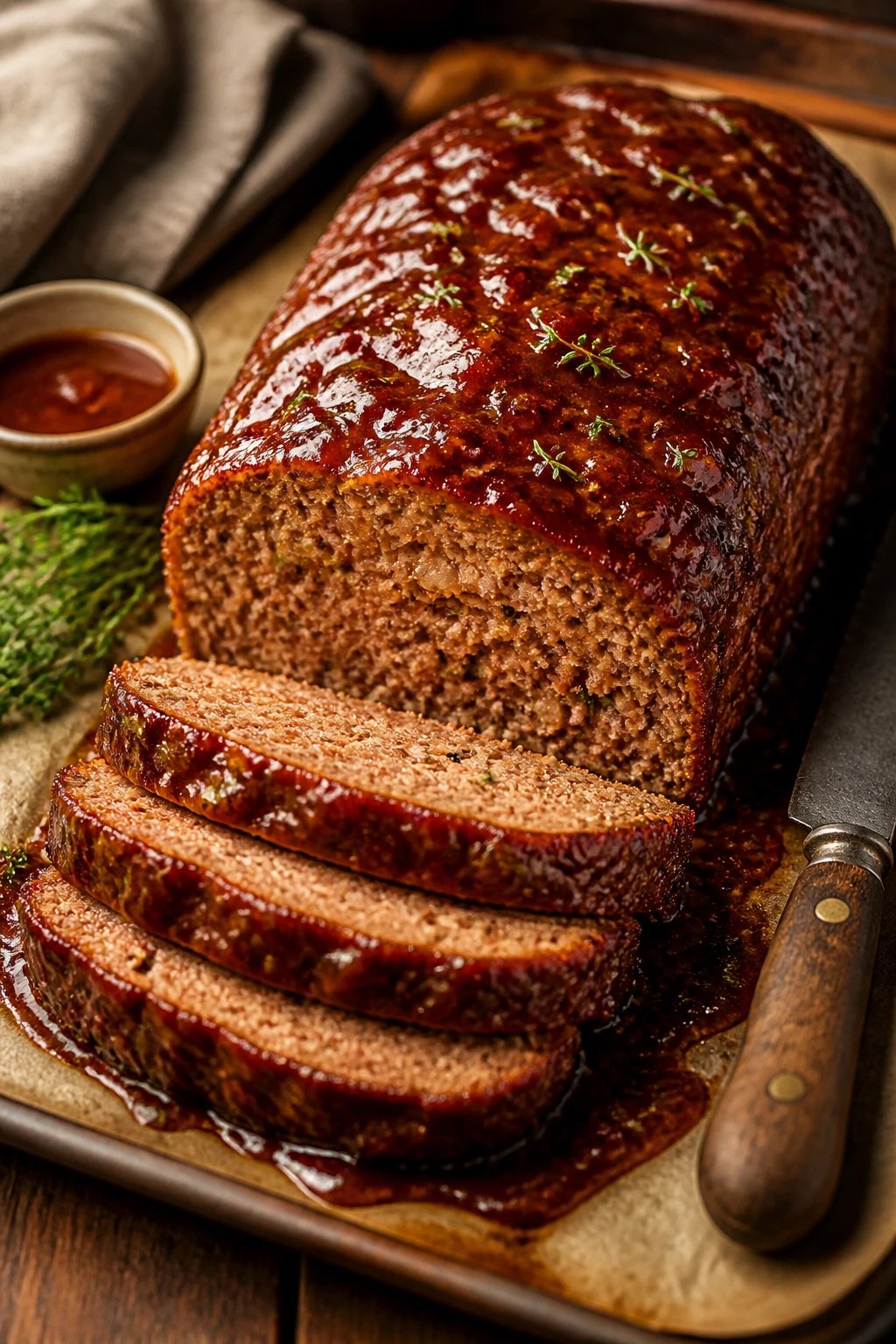 Create a hyper-realistic, high-resolution culinary photograph of a classic meatloaf centerpiece, exuding maximum juiciness and nostalgic appeal. The meatloaf should be deeply browned on the outside with a glistening glaze that streams slowly over the top and sides, pooling into a small glossy reservoir on a rustic parchment-lined baking sheet. Slice marks reveal a moist, tender interior with a fine crumb, visible moisture beads, and subtle studding of herbs (parsley and thyme) within. Surround the loaf with a light, silky glaze glaze streaking down into the plate area, catching the warm, amber glaze reflections. Place a few thinly sliced rounds fanned at the front to hint at generous portions, showing the moist crumb and delicate marbling. The presentation should evoke homey comfort: a wooden or slate backdrop with warm, ambient kitchen lighting that highlights the glaze’s translucence and the loaf’s juiciness. Include small props that emphasize coziness without clutter: a soft linen napkin, a vintage knife with a rounded handle, a small dish of extra glaze, and a sprig of fresh herbs for color contrast. The overall mood is inviting, comforting, and crave-worthy, suitable for a premium recipe feature. Ensure the composition is clean with no extraneous text or watermark, and keep the color palette warm—deep browns, caramel glaze tones, and natural wood textures. The main subject must be the meatloaf, clearly centered and in sharp focus, with a shallow depth of field to softly blur the background while preserving the glossy glaze detail.
