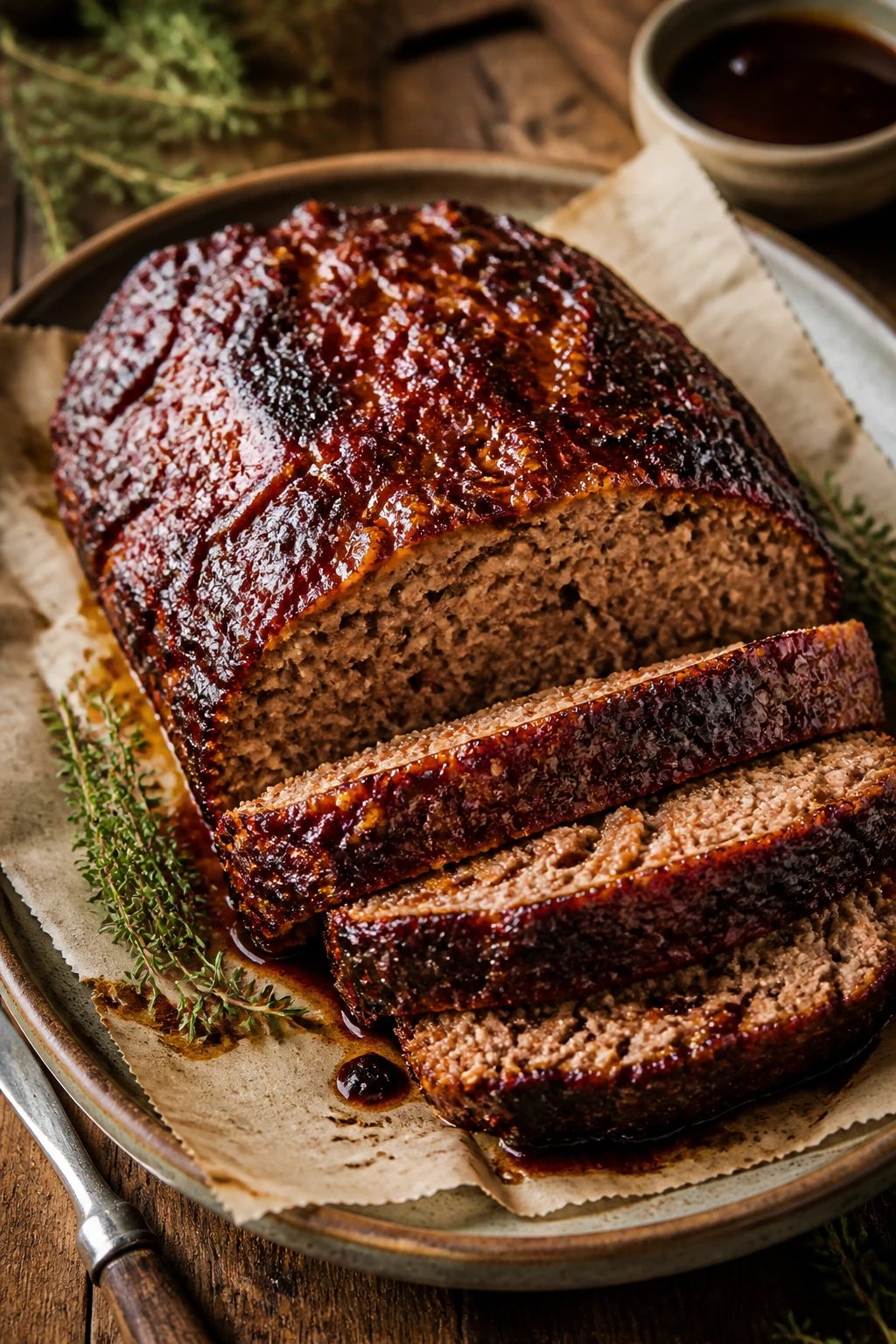 Create a high-resolution, photorealistic image of Smoky BBQ Dream Meatloaf with Crispy Edges plated for a premium food photography shot. The centerpiece is a thick, generously sized meatloaf resting on a lightly glossy, dotted parchment paper-lined rustic ceramic platter. The meatloaf should have a deep, caramelized crust with a slightly rugged, craggy surface on the top and crisp, charred edges at the sides, hinting at a smoky BBQ glaze lacquer. The glaze should gleam subtly, with small, scattered caramelized specks giving a natural sheen without overpowering the meat’s texture. Slice marks reveal a tender, moist interior with a uniform, pinkish-brown hue suggested through light shading to imply juiciness without revealing rawness. Styling and setting: - Lighting: soft, natural window light combined with a gentle fill to create warm, amber tones and delicate shadows, emphasizing the crust’s texture and the glaze’s gloss. - Background: a rustic wooden table or butcher-block surface with a neutral, slightly warm backdrop to keep the focus on the meatloaf. Subtle bokeh elements in the distance to imply a kitchen environment without crowding the frame. - Props: a few crisp leaves of fresh thyme or rosemary placed near the loaf, a light drizzle of BBQ glaze on parchment for natural sheen, and a small ramekin of extra glaze slightly out of focus. Optional: a fork or carving knife resting nearby with a glistening blade catching light. - Plate styling: the meatloaf seated on parchment dotted with tiny black specks, the edges of the parchment frayed for a rustic feel. A subtle, thin ring of glaze around the base to hint at a glaze pool without pooling too much. Composition: - Framing should be tight enough to showcase the loaf’s crust detail and the tender interior hints, but wide enough to reveal the resting parchment and a touch of accompanying elements. - Depth of field: shallow enough to keep the loaf sharply in focus while gently blurring the background, guiding the viewer’s eye to the crust and the glossy finish. - Color palette: warm browns, deep amber crust, smoky slate-gray glaze glint, with natural wood tones behind to enhance warmth. Mood and narrative: Convey a sense of smoky, barbecue-infused flavor and a satisfying, melt-in-your-mouth texture through surface texture, glaze sheen, and lighting. The image should feel appetizing, homey, and premium, inviting a viewer to slice into a perfectly roasted, crusted meatloaf with crispy edges. No text on the image.
