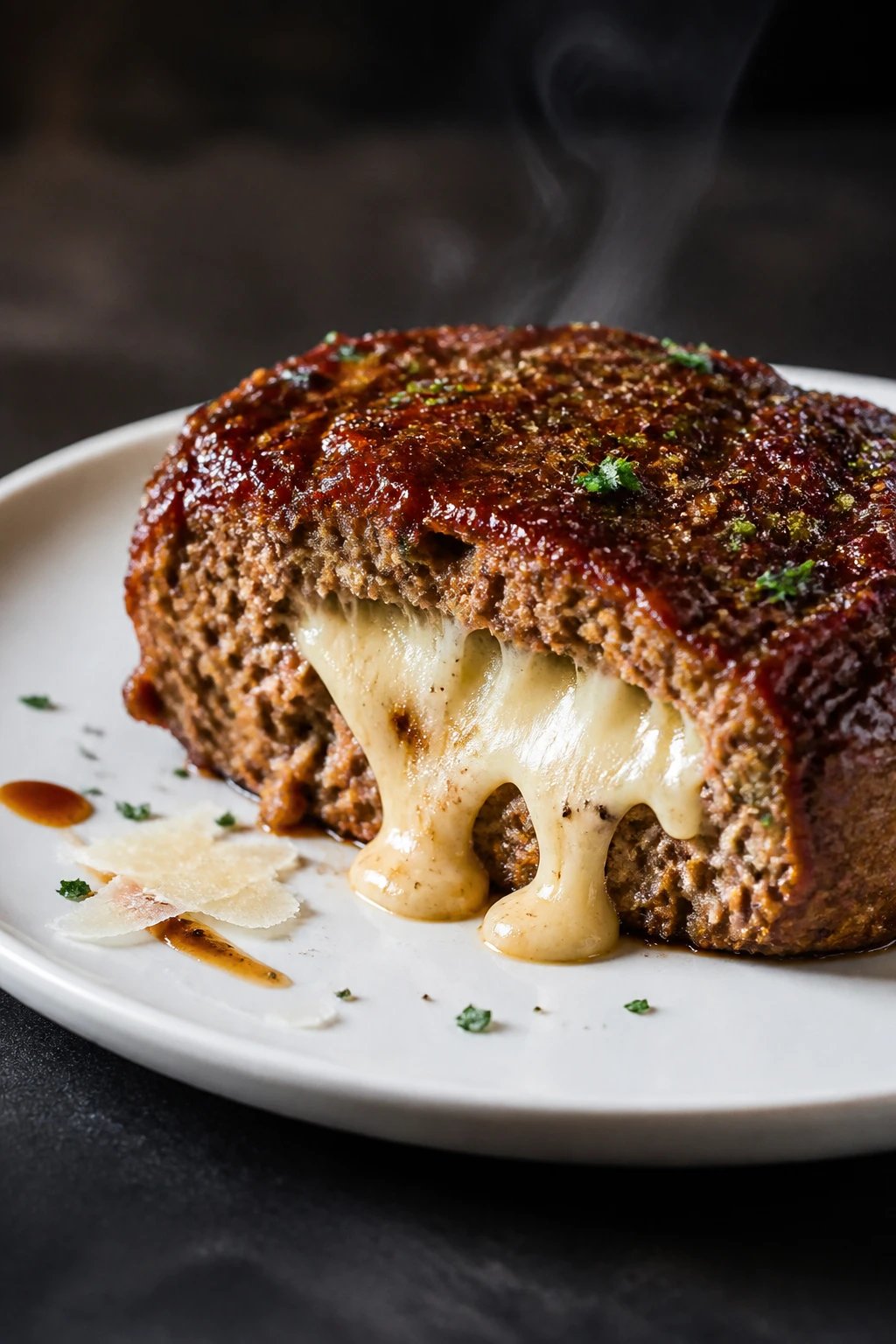 Create a hyper-realistic, high-resolution culinary photograph of a glazed parmesan-preserved meatloaf slice with hidden cheese. The main subject is a thick, glossy slice lifted slightly on a pristine white plate, revealing a molten cheese center that oozes luxuriously as it threads from the center to the edges. The meatloaf should have a perfectly caramelized, lacquered glaze that gleams with a rich parmesan-brown hue, accented by delicate specks of cracked black pepper and a whisper of minced parsley for color contrast. The cross-sectional reveal must show a gooey, cheese-core that remains molten and inviting, with subtle steam rising to imply warmth. Plate styling should be minimalist: a clean white plate on a dark matte surface to create contrast, a restrained garnish of a few thin parmesan shavings and a tiny offset drizzle of glaze for sheen without clutter. Lighting should be directional and soft, coming from the upper left, highlighting the moist crumb texture and the glossy exterior, casting gentle shadows that emphasize depth and the cheese’s flow. The meatloaf slice should be thick and juicy, with visible crumb structure and seared edges that suggest a savory crust. The background must be unobtrusive to keep the focus on the meatloaf, with a shallow depth of field so the foreground slice is razor-sharp while the outer plate and background blur subtly. Ensure the cheese oozing appears organic and natural, not exaggerated, with a slight sheen to convey heat. The composition should be centered yet slightly offset to the right to create dynamic balance, including negative space to emphasize the dramatic cross-section. The overall mood should be inviting and comforting, conveying a premium, restaurant-quality presentation suitable for a food editorial. No text or logos on the image.