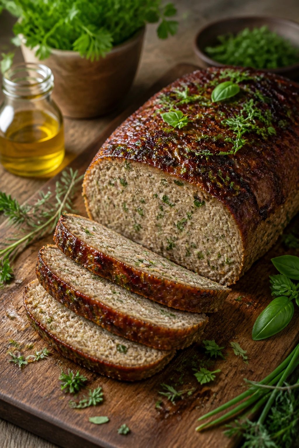Design a hyper-realistic editorial food photograph of a Herb Garden Fresh Meatloaf perched on a rustic wooden board, captured in natural daylight with a shallow depth of field to emphasize texture and color. The meatloaf should have a perfectly browned, crisp top that glistens slightly, with a visible dotted herb crust. Slice the loaf to reveal vibrant green herb flecks evenly dispersed throughout the moist interior, showing herbs such as parsley, dill, chives, and basil bits. Surround the loaf with a light scattering of fresh chopped herbs on the board, and place a few thinly sliced rounds or wedges of meatloaf fanned slightly to display the juicy interior. Incorporate a complementary backdrop of a simple, warm-toned kitchen counter or wooden table with soft shadows to enhance depth. Include natural elements like a small sprig of rosemary or thyme and a tiny glass jar of olive oil in the background for a culinary, garden-to-table vibe. The composition should be balanced, with the loaf as the central focal point, ensuring no text or logos appear within the frame. The image should evoke a sense of freshness, herbaceous brightness, and homey elegance, suitable for a high-quality cookbook or food magazine feature.