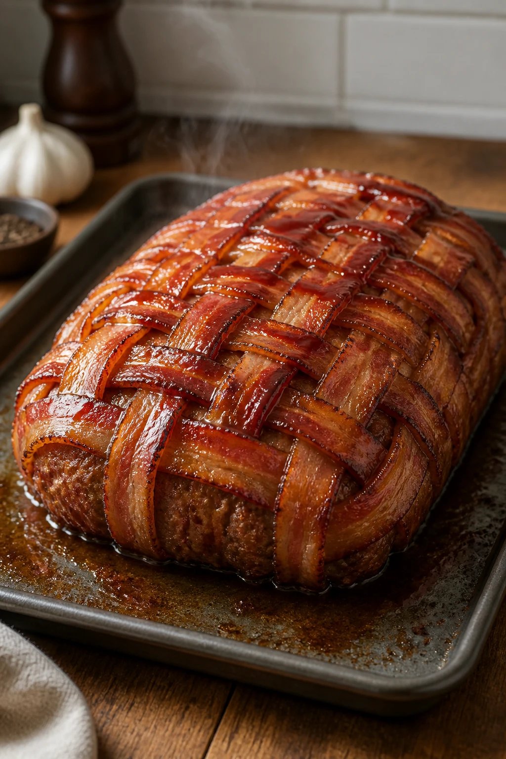 Create a hyper-realistic, high-resolution color photograph of a bacon-welted moisture bomb meatloaf as the main subject, centered on a rustic baking sheet. The meatloaf should be a thick, evenly shaped loaf, enveloped in a woven lattice of crisp, golden-brown bacon that subtly curls at the edges and glistens with a light render of rendered fat. A thin, glossy glaze glaze streak should run across the top surface in one or two elegant swoops, catching a soft highlight to emphasize moisture. Surround the loaf with a clean, uncluttered kitchen backdrop: a lightly textured wooden countertop with neutral-toned tiles in the distance, and a shallow depth of field to keep focus on the meatloaf. Include subtle steam wisps rising from the loaf to convey heat and moisture. Plate the loaf on a simple, matte-edge baking sheet with a slight reflective surface, showing crisp bacon edges and a hint of caramelized glaze at the edges. Styling notes: - Lighting: natural, soft directional light from the left to create gentle shadows, highlighting the bacon’s crispy texture and the loaf’s moist interior visible at the slice edge if a cross-section is shown. - Color palette: warm ambers, deep browns, golden bacon, and a touch of glaze sheen in a medium-dark undertone to emphasize richness. - Texture emphasis: render the bacon lattice with visible fat marbling, the meatloaf with a juicy, slightly crumbly interior just hinted at through the glaze, and a glossy finish on the glaze. - Composition: the bacon-wrapped loaf should dominate the frame, occupying about two-thirds of the image, with the baking sheet edges and minimal kitchen props (like a small garlic bulb or pepper grinder blurred in the background) to add context without distraction. - Angle: a slightly elevated, three-quarter view to showcase both the top lattice and a hint of the loaf’s side profile. Overall mood: inviting, comforting, home-cooked, with a professional culinary presentation that communicates flavor, moisture, and the crispy, smoky allure of bacon-wrapped meatloaf. No text or branding on the image.