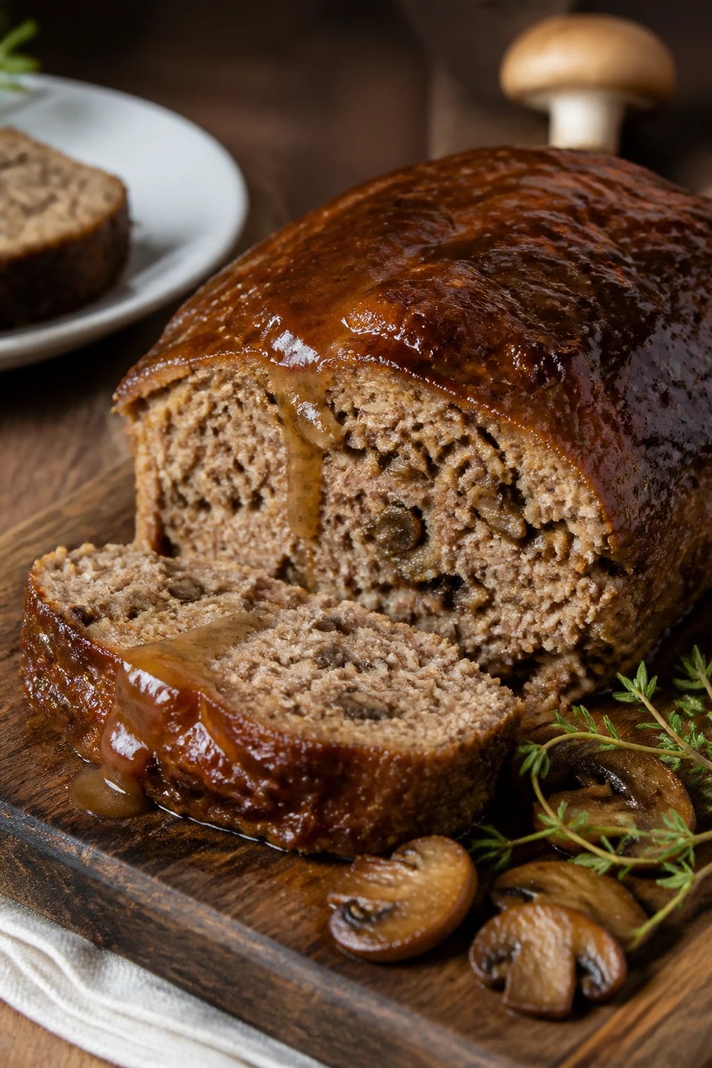 Create a ultra-realistic, high-resolution food photograph of a savory mushroom-wibered meatloaf, titled “Mushroom-Woodsy Moisture Keeper Meatloaf.” The loaf should be generously sized and sliced to reveal a moist, dense interior dotted with visible, finely chopped mushrooms throughout the meat mixture. Surround the meatloaf with a minimal, rustic presentation: a simple wooden cutting board with subtle grain, clean white plate accents for contrast, and a light drizzle of glossy pan gravy cascading over the slices to emphasize moisture. Include a small sprig of fresh thyme and a few sautéed mushroom caps arranged artfully nearby for aromatics, with a soft, warm lighting setup that highlights the earthy tones of the meat and the mushroom pieces. In the background, place a faint, silhouetted mushroom shape to reinforce the theme without distracting from the main subject. The scene should avoid clutter, use natural textures like wood and ceramic, and maintain a documentary-style, restaurant-quality realism. No text on the image. The main subject must be the mushroom-enriched meatloaf itself, presented as a centerpiece on the board, with a single, clean, appetizing slice fanned at the edge to showcase interior texture.