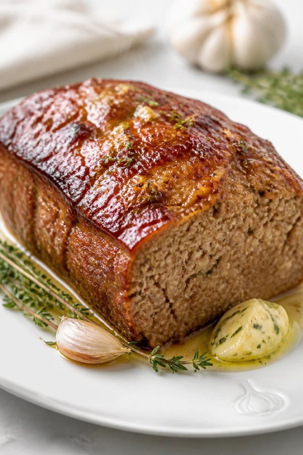 Create a hyper-realistic, high-quality photograph of a garlic-butter slow-simmered meatloaf that looks luxurious yet approachable for home cooks. The main subject is a thick, perfectly formed meatloaf loaf sliced to reveal a moist, plush interior with a glossy, buttery glaze sheen that pools slightly at the base. The meatloaf should have a caramelized, deeply browned crust with a subtle, uniform glaze that hints at garlicky richness. Plate the slice on a pristine white plate with a delicate, almost imperceptible light drizzle of the glaze around the edge for sophistication. Include a light, airy background with soft, natural kitchen lighting to create gentle shadows and highlights that emphasize moisture and texture. Styling and props: - A tiny garlic bulb outline or a single clove motif subtly integrated in the corner of the plate or as a faint watermark shadow to suggest the garlicky theme without overpowering the main dish. - 1–3 decorative elements: a small sprig of fresh thyme or rosemary laid beside the meatloaf slice, and perhaps a small pat of herb butter melting near the edge to emphasize the buttered richness. - A clean, minimal setting: crisp white plate, neutral surface, and a subtle, uncluttered backdrop to keep focus on the loaf. - The glaze should catch the light to convey a luxe, restaurant-quality finish, with steam subtly rising to imply warmth. Camera and technical details: - Realistic, high-resolution food photography style (no text or watermarks on the image). - Wide aperture for a shallow depth of field that softly blurs the background while keeping the meatloaf slice in sharp focus. - Rich color balance that accentuates the warm browns of the crust and the pale, tender interior, with a gentle highlight on the butter glaze. - Slightly elevated angle (45–60 degrees) to showcase the interior crumb as well as the top glaze and crust. - Ensure there is no visible narration or extraneous text within the frame. Mood and storytelling: - The image should convey a premium, “restaurant-made at home” feel with an emphasis on comfort, decadence, and perfect texture—garlicky butter melding with meat juices to create a melt-in-your-mouth experience. The presentation should feel thoughtfully plated, inviting, and appetizing, suitable for a high-end food photography feature.
