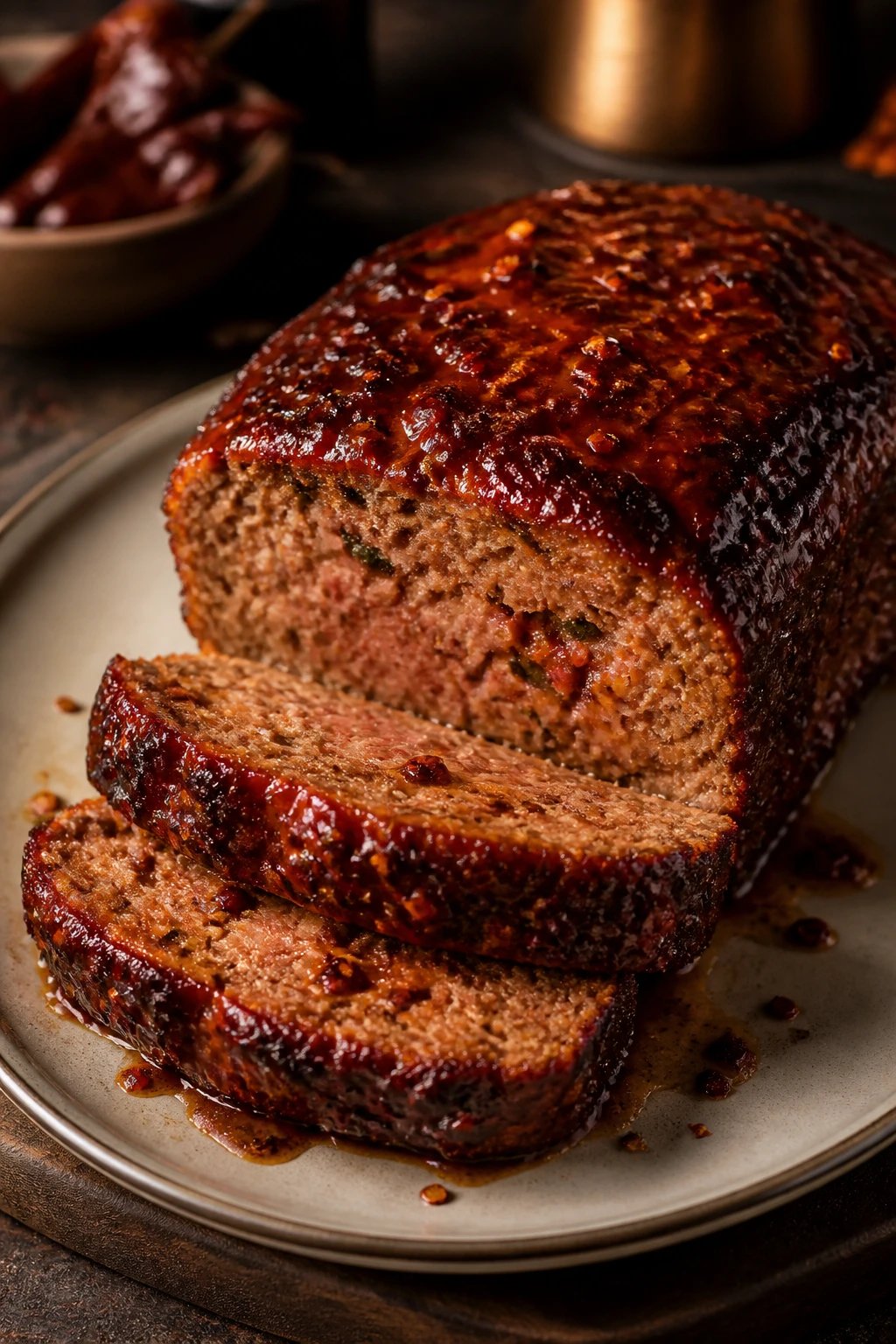 Create a hyper-realistic, high-quality food photograph of “Spicy Chipotle Inferno Meatloaf.” The centerpiece is a thick, succulent meatloaf with a rich, glossy chipotle glaze that clings to the surface and highlights its moist, tender interior. Slice a portion to reveal a juicy, well-marbled crumb with a slight pink hue in the center, while the glaze forms a caramelized sheen along the top and edges. Plate the meatloaf on a simple, elegant plate with a clean, subtle rim, positioned on a lightly textured wooden board or dark slate for contrast. The glaze should appear as a thin, caramelized lacquer, catching reflections of warm light to emphasize heat and glaze. Garnish sparingly with a few charred pepper flecks or a light drizzle of chipotle sauce to imply spice, without overpowering the loaf’s surface. Composition details: - Lighting: warm, directional lighting from the top left to create natural shadows and emphasize moisture and glaze, with a gentle rim light to separate from the background. - Color palette: deep browns and reddish-brown glaze hues, with smoky red-orange accents from chipotle; plate tones should be neutral (cream or light gray) to enhance contrast. - Texture: emphasize the loaf’s crusty exterior and glossy glaze; show a moist, crumbly interior when a slice is cut, with visible specks of herbs or pepper. - Background: minimal and unobtrusive; a softly blurred kitchen or bakery setting can be suggested in the distance, but keep focus on the meatloaf. - Props: a minimal studded border plate or subtle ceramic edge to provide structure without distracting from the main subject. - Lens/ratio: compose with a shallow depth of field, slightly above eye level, in a 4:3 or 3:2 aspect ratio to accentuate the loaf’s height and glaze sheen. - Mood: bold, comforting, and mouth-watering, conveying a bold heat and smoky aroma. No text, no logos, and ensure the main subject—the Spicy Chipotle Inferno Meatloaf—dominates the frame with a glossy, irresistible appearance.