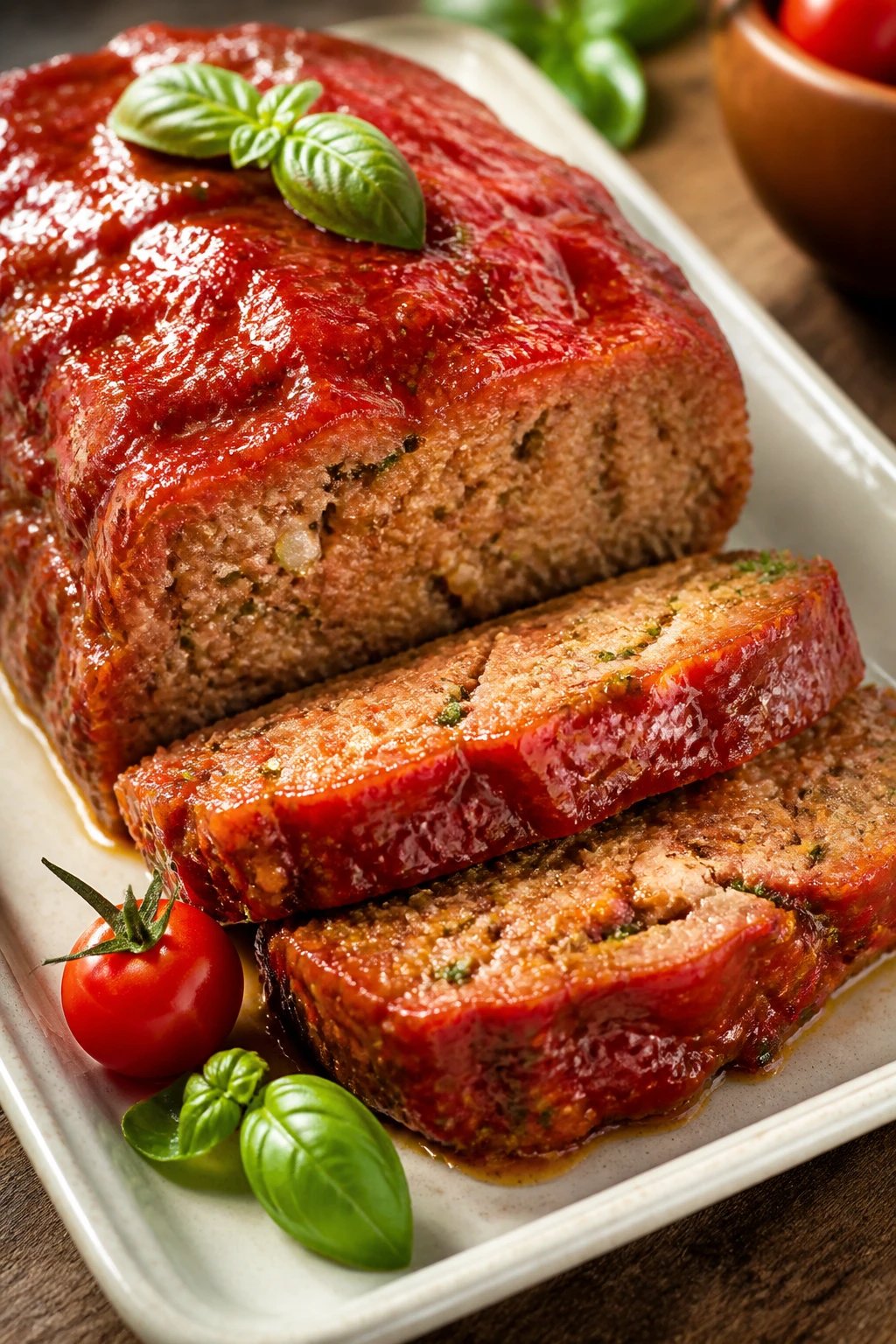 Create a hyper-realistic, high-quality food photograph of a Saucy Tomato-Pasilico Moisture Explosion Meatloaf as the main subject. The meatloaf should be a thick, glossy loaf with a vibrant, slightly translucent tomato glaze coating the surface, showing a juicy, tender interior revealed by cleanly sliced cross-sections. The slices should display a moist crumb with pockets of herbs and a hint of tomato glaze seeping through, emphasizing juiciness. Place the meatloaf on a simple, neutral-toned rectangular tray with a light, subtle glaze trail sweeping across the scene to suggest a recently brushed finish. Surround the main subject with minimal decorative elements: a small, glossy ripe tomato and a fresh green herb leaf (such as basil or parsley) placed thoughtfully near the loaf to reinforce freshness and herbaceous brightness. The lighting should be soft yet directional, highlighting the sheen of the glaze, the texture of the meat, and the glistening interior while creating gentle shadows for depth. Compose the shot with a shallow depth of field so the meatloaf remains crisply in focus while the background gently blurs, ensuring the viewer’s eye is drawn to the juicy interior and glossy top. Use a warm, natural color palette to emphasize the tomato glaze, fresh herbs, and the browned crust edges. The overall presentation should feel homey and inviting, suitable for a dinner table setting, with careful attention to balance, composition, and texture detail to convey a sense of brightness and moisture that aligns with the article’s description. No text overlays or branding within the image.