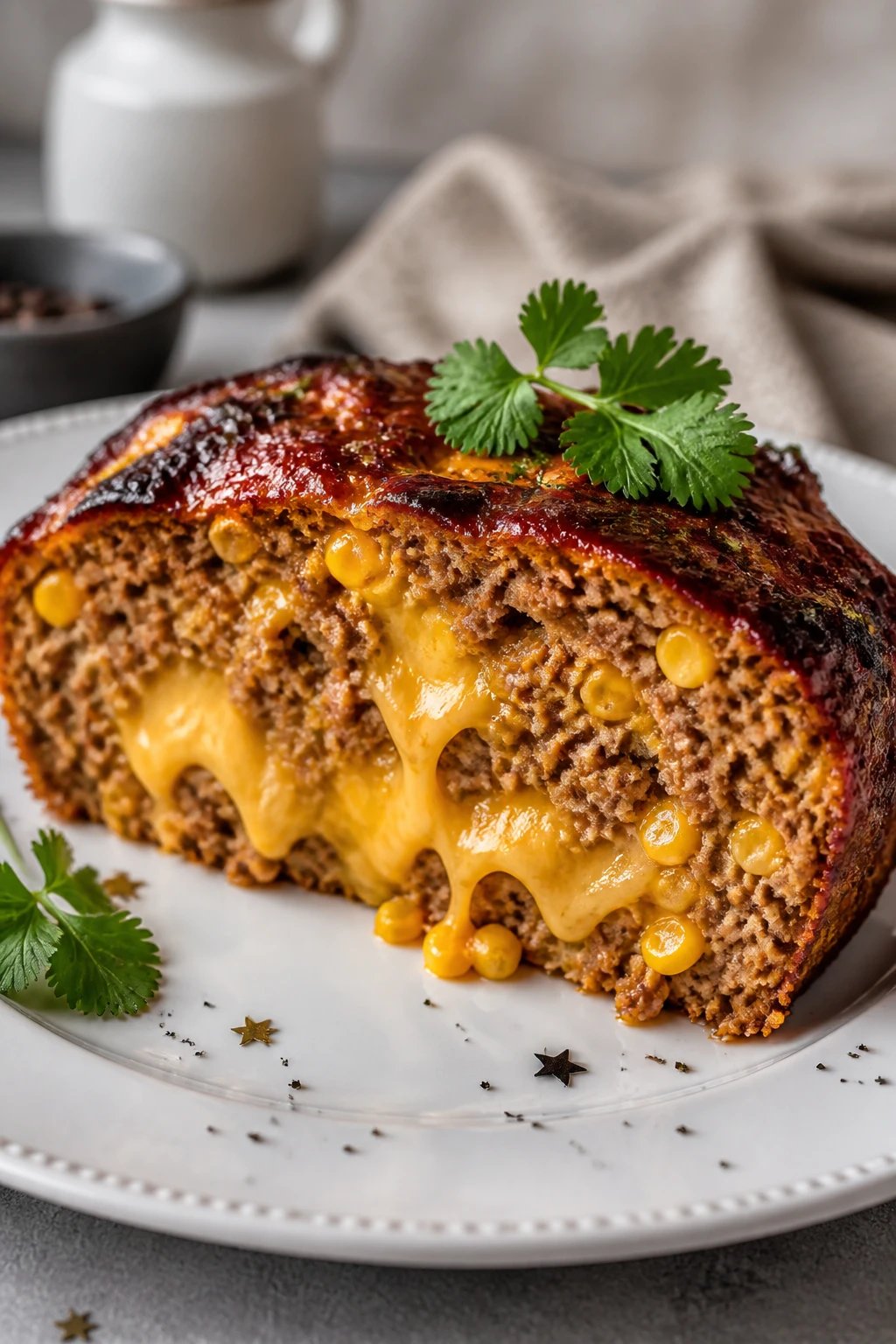 Create a hyper-realistic, high-resolution food photograph featuring the main subject: a cheesy-corn stuffed moisture-meets-brunch meatloaf slice. The plate should present a thick, succulent cross-section showing pools of melted cheese intertwining with bright corn kernels that pop against the rich meat. Arrange a generous, glossy slice on a pristine white porcelain plate with soft, natural light coming from the side to emphasize the loaf’s juicy texture and the cheese ooze. The crust should be lightly caramelized with a golden-brown edge, speckled with tiny herbs. Garnish with a delicate sprig of cilantro perched on the side or atop the slice for a fresh green contrast. Surround the plate with subtle styling: a clean neutral background (soft gray or warm beige), a shallow depth of field that keeps the loaf in razor focus while gently blurring the backdrop, and a few artistic elements to suggest crunch—tiny edible decorative dots or stars in a restrained, monochrome palette integrated into the plate edges or background rather than overpowering the food. The composition should feel like a premium culinary photograph: lifelike textures of the cheese strands stretching from the slice, shimmering fat highlights, and an inviting, comforting mood that echoes a sunny weekend brunch. Ensure the loaf’s interior reveals distinct corn kernels and melted cheese seams, with a moist crumb and a bountiful, juicy appearance. No text overlays on the image. The overall scene should be polished, magazine-quality, and ready for print or digital feature.