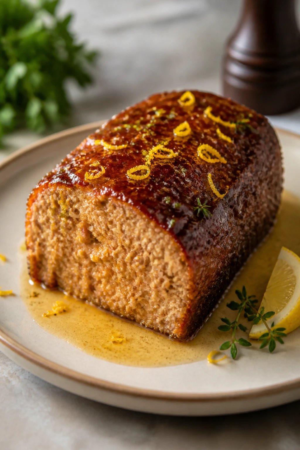 Create a hyper-realistic, high-resolution food photography prompt for a plated Citrus Zest Moisture Lift Meatloaf. The main subject is a glossy, hearty meatloaf slice set atop a thin, lightly glazed plate, with a generous, slightly caramelized crust that hints at citrus-infused juiciness. The loaf should appear moist and tender, with subtle flecks of citrus zest visible in the crumb. Plate should be a simple, elegant ceramic in a warm neutral tone, with a delicate, translucent glaze pooling softly on the plate to reflect the meatloaf’s sheen. Position the meatloaf slice at a gentle angle to reveal multiple layers of moist interior, showing a fine crumb and tiny hints of zest throughout. Garnish and styling: - A bright, thin ribbon of citrus glaze lightly drizzled around the base of the loaf, catching the light. - A small, crisp lemon wedge outline or a tiny wedge placed to the side, not overpowering the main subject. - Subtle zest curls scattered sparingly across the top of the loaf to emphasize the citrus lift. - A restrained sprig of fresh herb (such as thyme or parsley) off to one corner for color and aroma suggestion. - A pepper mill silhouette in the far background as a soft, unobtrusive element to hint at seasoning. Lighting and mood: - Soft, natural window-light style with directional lighting from one side to create gentle shadows and emphasize the loaf’s moist texture and glaze. - Warm color palette: golden-brown crust, pale-amber glaze, and the pale off-white plate, with pops of green from the herb and yellow from the lemon wedge. - Slight reflective sheen on the glaze to convey moisture, with a shallow depth of field to keep the meatloaf in sharp focus while the background remains softly blurred. Composition: - Center the meatloaf slice as the focal point, angled to reveal 3D depth and interior crumb. - Include a small, unobtrusive light glaze pool near the base to suggest moisture without overpowering the plate. - Ensure no text or branding appears in the image; the background should be minimal to keep attention on the dish. Overall aesthetic: - Premium, kitchen-scene realism suitable for a high-end recipe feature. - Clean, uncluttered presentation that communicates citrus freshness lifting the rich meatloaf while maintaining an appetizing, homey feel.