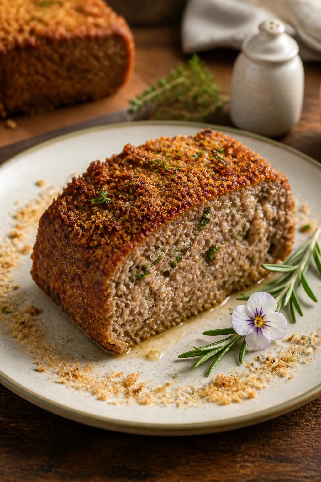 Generate a photorealistic, high-quality image of a beautifully plated Herbed Panko Crunch Moist Meatloaf, focusing on a slice-cut presentation that reveals a tender, juicy interior. The loaf should have a crisp, golden-brown panko crust with visible, light, airy crumb textures on the exterior, contrasted by a moist, slightly glossy interior with specks of green herbs (parsley, chives, thyme) throughout. Plate the slice on a clean, porcelain plate with a subtle, warm-toned glaze, accompanied by a minimal garnish: a delicate herb sprig—such as a small rosemary or thyme sprig—laid beside the slice, and a tiny, elegant flower for color (e.g., a small edible blossom or a decorative flower in soft whites or pastel tones). Around the edge of the plate, create a faint, breadcrumb-inspired pattern to echo the crust texture without overpowering the composition. Include 1–3 decorative elements: a small salt shaker with a matte finish, a fresh herb sprig resting near the loaf, and a tiny, single blossom. Lighting should be natural and warm, emphasizing the loaf’s moist interior through gentle, glistening highlights on the surface and a slight sheen on the plate to convey freshness. The scene should convey comfort and gourmet presentation: the meatloaf slice is slightly angled to showcase interior fiber and moisture, with the crust’s granular texture clearly visible. Use a shallow depth of field to keep the loaf and plate sharp while softly blurring the background, which could be a neutral kitchen counter or a rustic wooden table to imply home cooking. The overall color palette should be rich ambers, browns, and herb greens, with the breadcrumb pattern providing a subtle, lighter contrast. No text on the image. The title should be conceptually implied through composition and presentation, not through visible lettering.