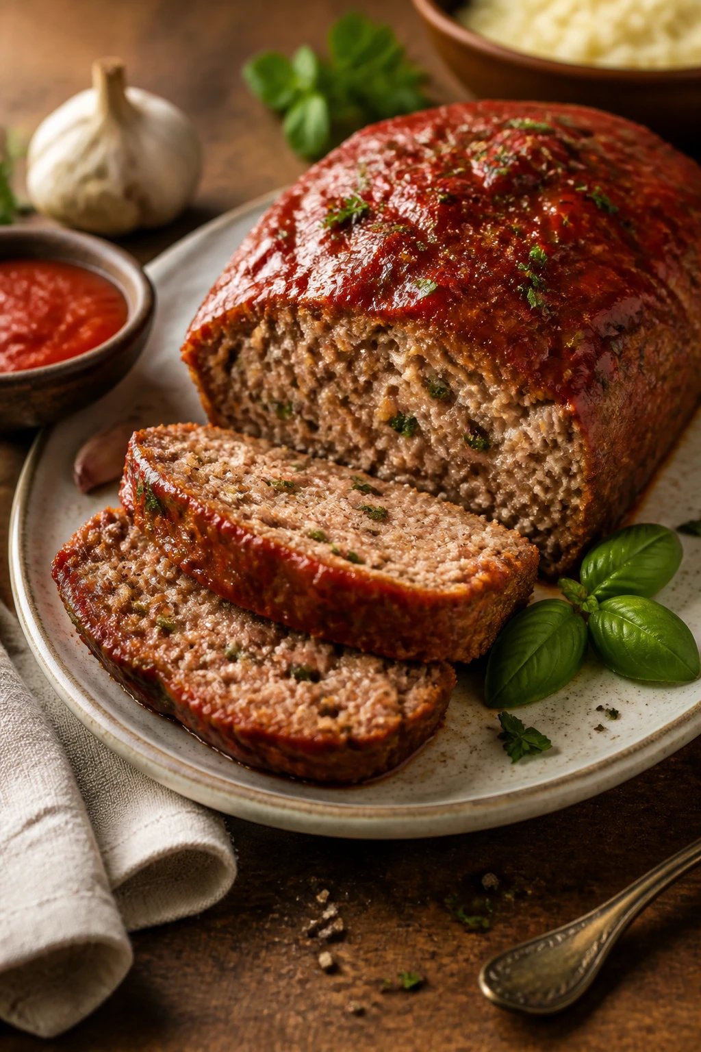 Create a ultra-realistic, high-resolution food photograph of a Juicy Italian-Style Meatloaf Medley. The main subject is a generously sized meatloaf resting on a simple, elegant ceramic plate. The loaf has a mildly glossy marinara glaze painted across the top, with visible herbs baked into the crust—fresh Italian parsley, oregano, and a hint of basil. Slice to reveal a juicy interior with specks of green herbs and perfectly moist texture. The plate should be on a warm, rustic wooden table with soft, natural lighting that emphasizes the meatloaf’s moist interior and the glaze’s sheen. Surround the plate with a few complementary elements to convey a communal, cozy feast: a neatly folded linen napkin to one side, a small dish of extra marinara for dipping, and a sprinkle of cracked black pepper. Include 1–3 decorative elements placed thoughtfully: a fresh basil leaf resting on the glaze edge, a silhouette of a garlic clove carved into a subtle shadow on the plate, and a tiny antique spoon with a light patina nearby as if ready to serve. The composition should feel inviting and domestic, with shallow depth of field focusing on the meatloaf while softly blurring the background to evoke warmth and home cooking. No visible text on the image. The overall tone should communicate a premium, comforting Italian-inspired dinner suitable for a family gathering.