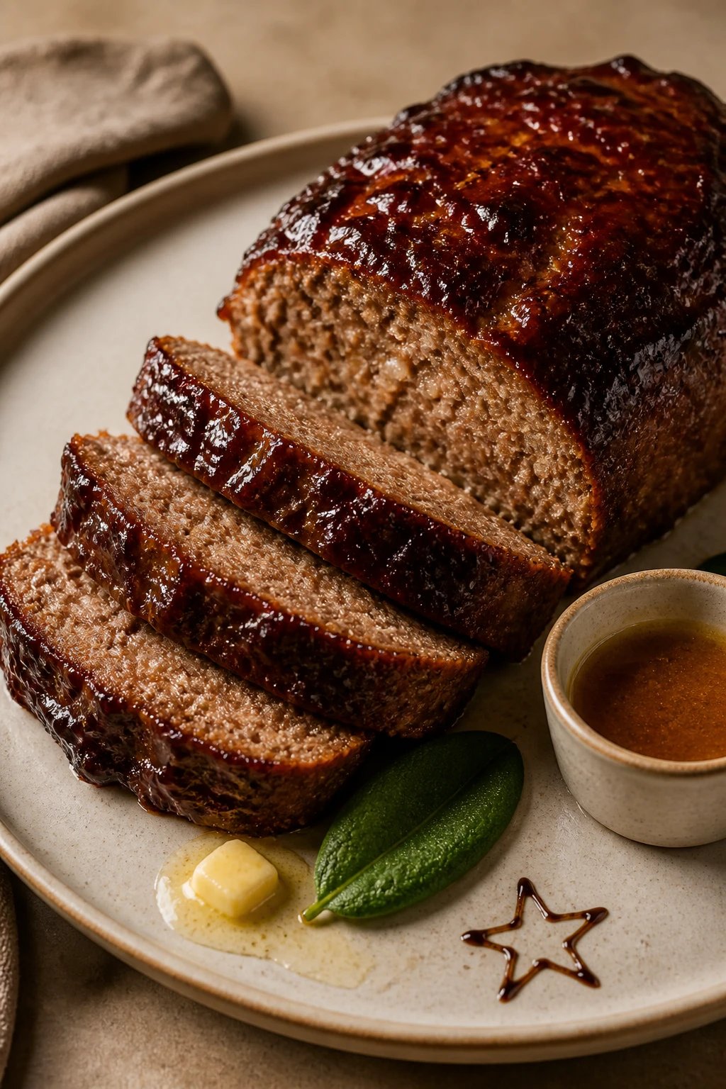 Create a hyper-realistic, high-resolution culinary photograph of a velvet-rich meatloaf centerpiece, freshly sliced to reveal a moist, tender interior with a rich marbling and deep brown glaze that gleams like satin. Position the meatloaf on a matte ceramic plate with a subtly warm, neutral background to enhance the loaf’s luxurious sheen. Plate styling: slice the loaf into even, thick portions fanned slightly to showcase the interior crumb and moisture, with a generous glaze glaze-lift along the edges catching light to emphasize glossy texture. Add a small ramekin or tiny cup of brown butter on the plate’s edge, its melted-brown surface reflecting ambient light. Include 1–3 subtle decorative accents placed near the loaf: a small pat of butter with a delicate melt ring, a single pristine leaf (sage or spinach) tucked beside the slices, and a tiny star doodle drawn delicately on the plate’s edge using a glaze or edible ink for a hint of whimsy without overpowering the dish. Lighting should be soft and directional, coming from the side to accentuate the loaf’s velvety crumb, glaze depth, and moist interior, with careful attention to capturing the glaze’s sheen and the textures of the browned crust. The composition must feel luxurious and comforting, with a clean, uncluttered background that keeps the focus squarely on the meatloaf’s sumptuous glaze and moist interior. No text or branding on the image.