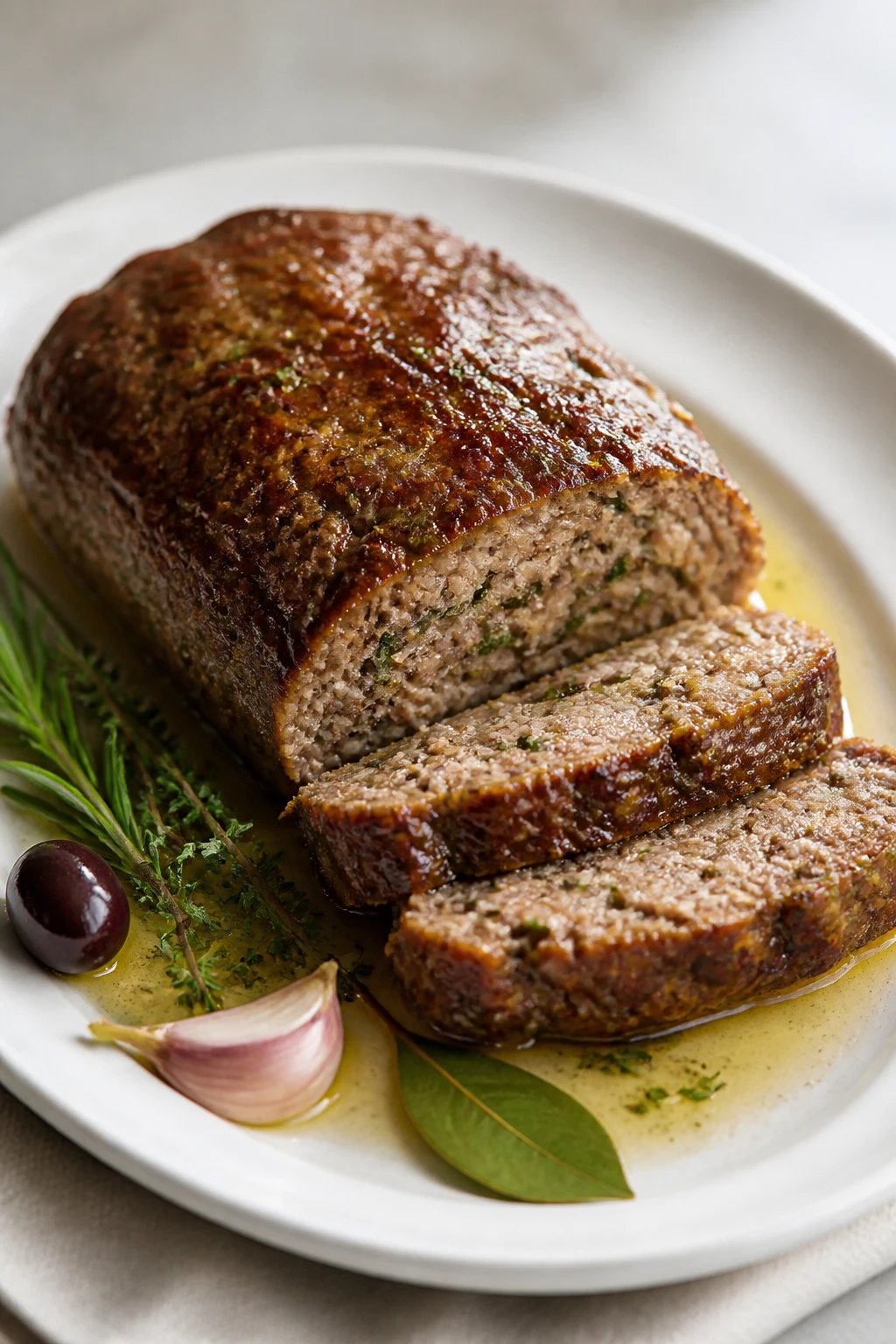 Create a hyper-realistic, high-resolution food photography prompt for a plated dish inspired by “Herb-Touched Lamb-Meatloaf Dream.” The scene centers on a moist, perfectly formed lamb meatloaf loaf, sliced to reveal a juicy, richly textured interior with visible flecks of chopped fresh herbs (rosemary, thyme, parsley) and a faint marbling of fat that glistens under natural light. The meatloaf sits on a pristine, off-white ceramic plate with a slight curvature and subtle glaze reflections. A delicate drizzle of olive oil or a light herb-infused sauce pools around the base, catching the light to highlight its sheen. Garnish the plate with a tiny, fresh herb sprig (rosemary and thyme) laid neatly at one edge. Include 1–3 minimal decorative elements nearby: a small olive outline (stylized, not overpowering), a silhouette of a garlic clove, and a single leaf (bay or herb leaf) arranged to complement the composition without crowding the dish. Use a clean, neutral background (soft gray or warm white) with a shallow depth of field to gently blur the backdrop while keeping the meatloaf in razor focus. The lighting should be natural-window, side-lit to emphasize the meat’s texture, moisture, and herbs, creating soft shadows and a warm, inviting tone. The image should capture the realism of a home-cooked, comforting lamb meatloaf with a moist interior and herb-forward aroma implied through the visual texture, without any text overlay or branding on the plate or image. The overall composition should feel premium and editorial, suitable for a high-end food magazine feature, with attention to color accuracy, mouth-watering juiciness, and a sense of comforting, herbaceous aroma.
