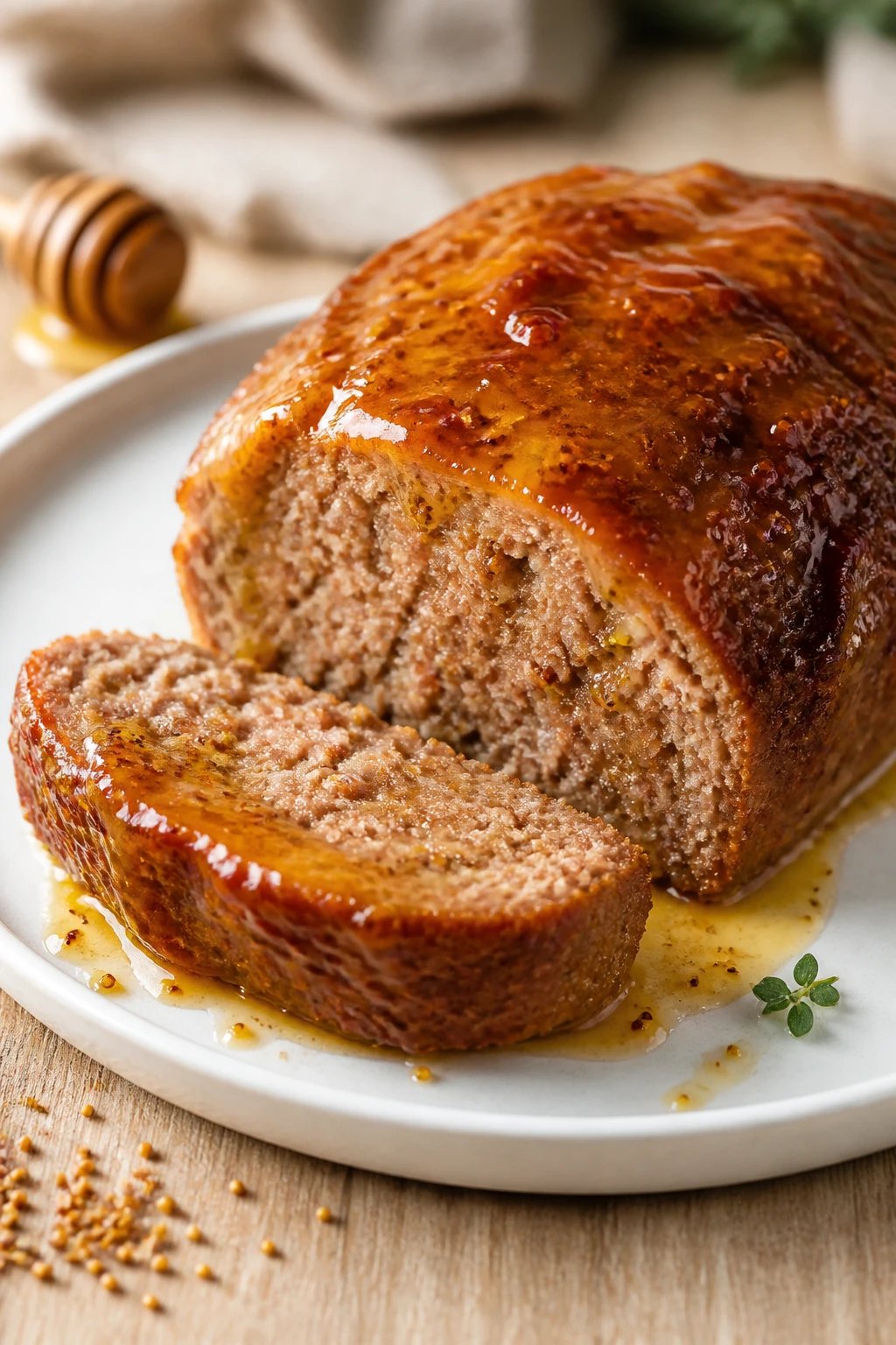 Create a hyper-realistic, high-resolution food photograph of a Sweet-Heat Honey Mustard Meatloaf as the main subject, prominently featured in the center of the frame. The meatloaf should have a glossy, amber-golden honey mustard glaze that gleams under warm oven-light tones, with a perfectly sliced cross-section to reveal a moist, juicy interior and a slightly caramelized crust. Plate this on a minimalist, clean white ceramic plate with a subtle shallow rim, set on a lightly textured light-wood surface. Compose with soft, natural side lighting coming from the left to enhance the glaze sheen and highlight the loaf’s moist interior through the slice. Include a thin, delicate glaze line trailing from the loaf onto the plate, suggesting a delicate drizzle. Surround the plate with 1–3 restrained decorative elements: a small honey dipper silhouette positioned in the upper left corner, a cluster of mustard seeds lightly scattered near the base of the plate, and a tiny, single green herb leaf (such as thyme) placed near the glaze edge for a pop of color. The background should be softly blurred to emphasize the loaf, with no visible text on the image. The composition should feel premium and restaurant-quality, suitable for a cookbook feature, and convey the tangy-sweet glaze and juicy interior in a single, mouth-watering frame. Aim for rich color depth, accurate food textures (glossy glaze, tender crumb, slight crust), and balanced contrast to make the dish appear irresistible.