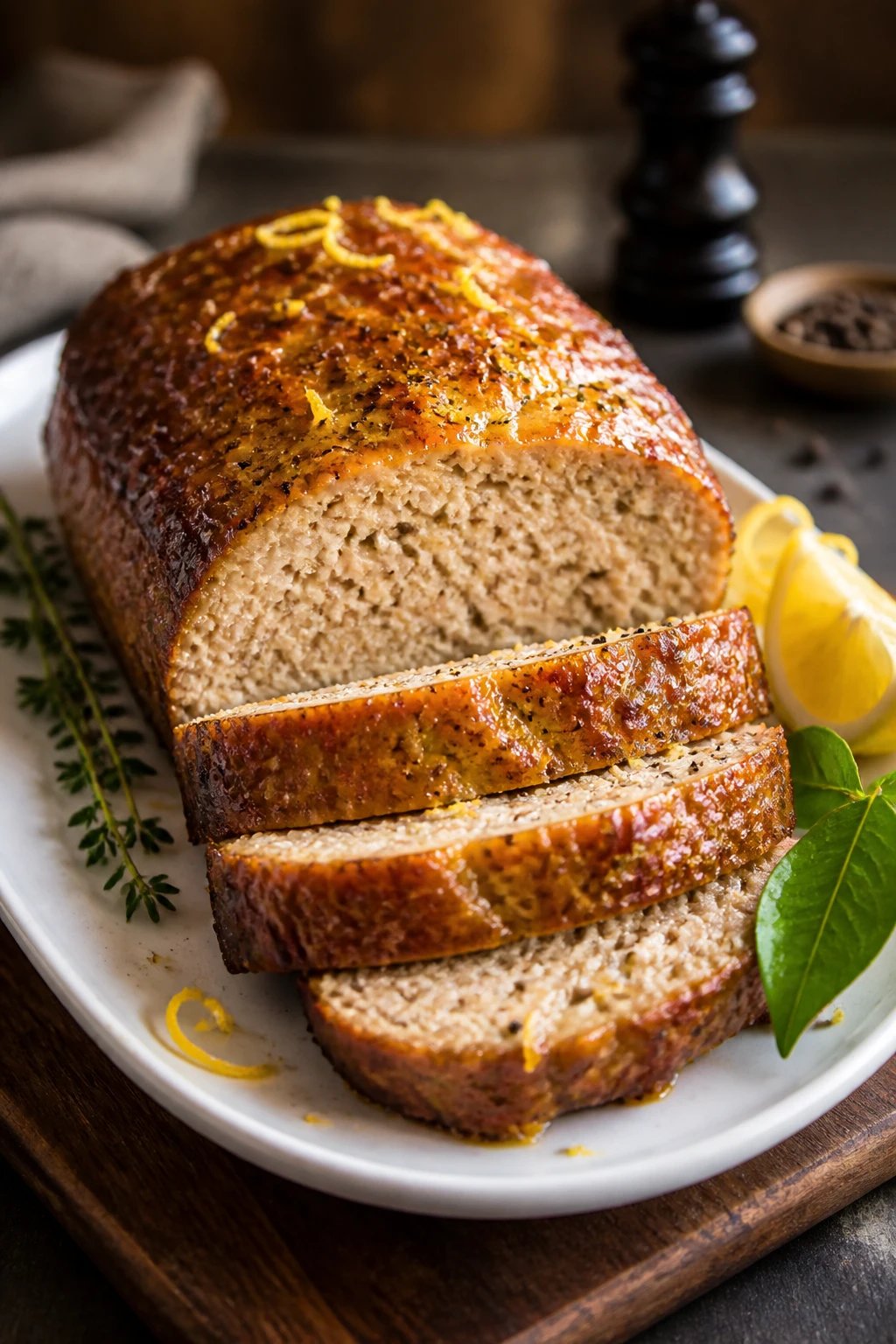 Create a realistic, high-quality food photography shot of a Lemon Pepper Moisture Burst Meatloaf as the main subject. Feature a glossy, perfectly sliced meatloaf arranged on a pristine white plate with a delicate, light glaze brushing over the top and a subtle lemon zest flecked crust. The center slice should reveal a tender, moist interior with visible specks of pepper. Plate the meatloaf on a warm, neutral-toned wooden board or dark slate to enhance contrast. Surround with bright lemon zest curls and a thin wedge of lemon for a citrus accent. Include 1–3 decorative elements to elevate the composition: a fresh citrus leaf with a slight dew for a pop of green, a small sprig of thyme or rosemary, and a tiny, elegant pepper grinder silhouette or peppercorns scattered lightly in the corner. Lighting should be natural and directional from the side to emphasize texture, moisture, and the glossy glaze, with shallow depth of field so the focus remains on the meatloaf while the background remains softly blurred. No text on the image.