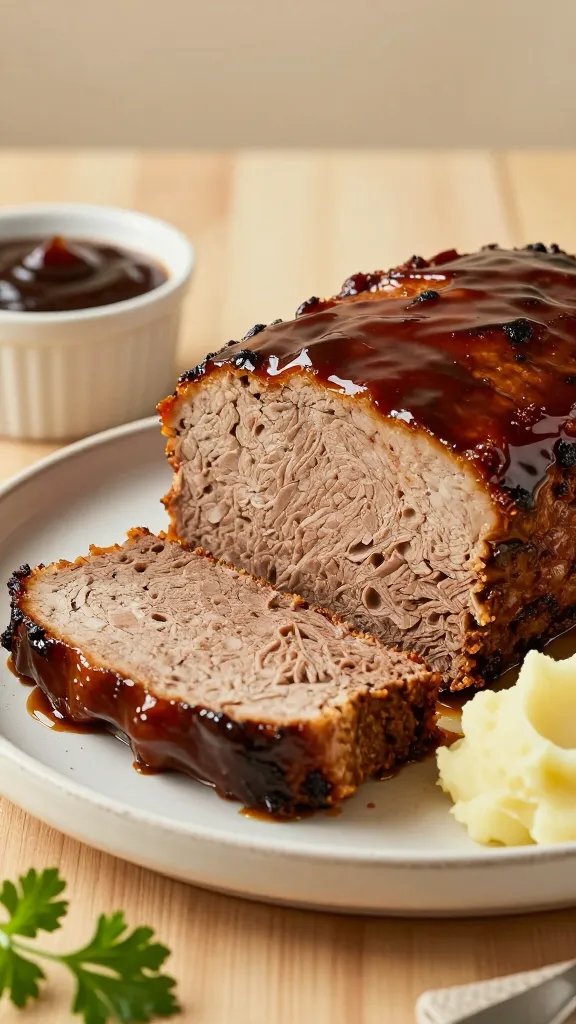 Create a hyper-realistic, high-resolution food photography scene featuring a classic glazed comfort meatloaf as the main subject. Present a thick, tender slice of meatloaf with a rich, glossy glaze that pools subtly on a rustic white ceramic plate. The slice should reveal a moist, well-bound interior with a fine crumb and lightly caramelized crust. Surround the plate with warm, inviting lighting that emphasizes the glaze’s shine and the meatloaf’s textures. Include a complementary setup: a wooden table surface with a shallow depth of field, a small ramekin of extra glaze brushed to the side, a few fresh parsley sprigs for a pop of green, and a side of creamy mashed potatoes subtly visible at the edge of the frame. The background should be softly blurred in warm, earthy tones (beiges, soft browns) with minimal distractions to keep the focus on the meatloaf. Style the composition with a slight angle (about 45 degrees) and a clean, uncluttered plate presentation, capturing the comforting, family-favorite essence. Ensure the glaze catches light to highlight its glossy finish, while the interior remains invitingly juicy. No text on the image.