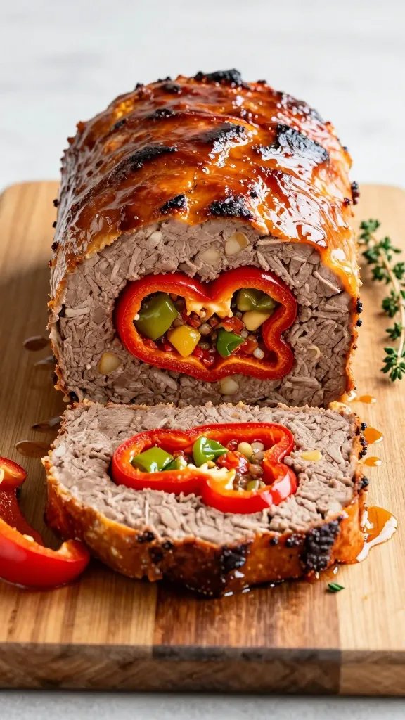 Create a high-resolution, photorealistic image of a Stuffed Pepper Meatloaf Comfort on a rustic wooden cutting board, sliced to reveal a vibrant pepper-stuffed center. The meatloaf should have a golden-brown, slightly caramelized crust with a glossy glaze, and a bright red bell pepper pocket visible within the cross-section, surrounded by a tender, juicy interior speckled with small bits of onion and herbs. The pepper-inset should appear as a vivid, glossy interior pocket with crisp edges, showing green and yellow pepper pieces embedded inside for color contrast. Slice marks should fan neatly to showcase a symmetrical, wheel-like cross-section: outer meatloaf in a warm taupe/brown tone, inner pepper-infused core in vivid reds, greens, and yellows. Plate with minimal garnish: a light drizzle of savory sauce around the meatloaf, a few fresh herb sprigs (parsley or thyme) for color, and a small wedge of roasted pepper on the side. Lighting should be natural and soft, emphasizing the moist texture and the glossy glaze, with shallow depth of field to gently blur the background while keeping the meatloaf crisp and detailed. The composition centers the meatloaf chunk, angled slightly to reveal the inner cross-section, with shallow shadows that enhance depth. The scene should feel homey and comforting, as if ready to serve for a family meal, with warm tones and a clean, uncluttered background. No text, no distractions, just the mouthwatering, realistic presentation of the stuffed pepper meatloaf.