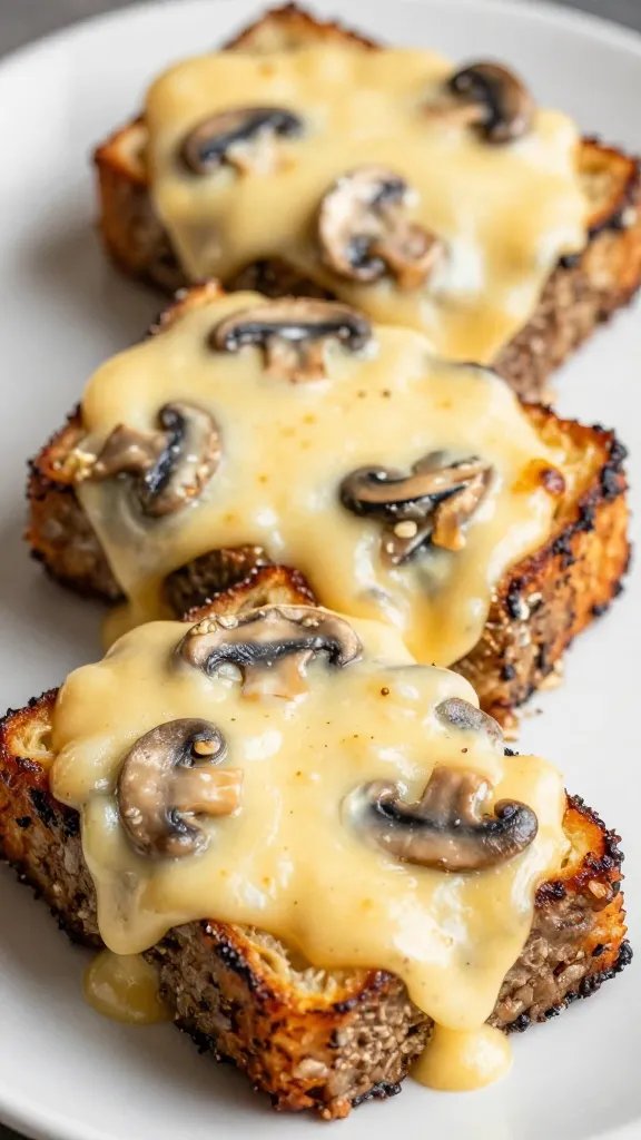High-quality photo representing: 3. Cheesy Mushroom Melt Meatloaf
