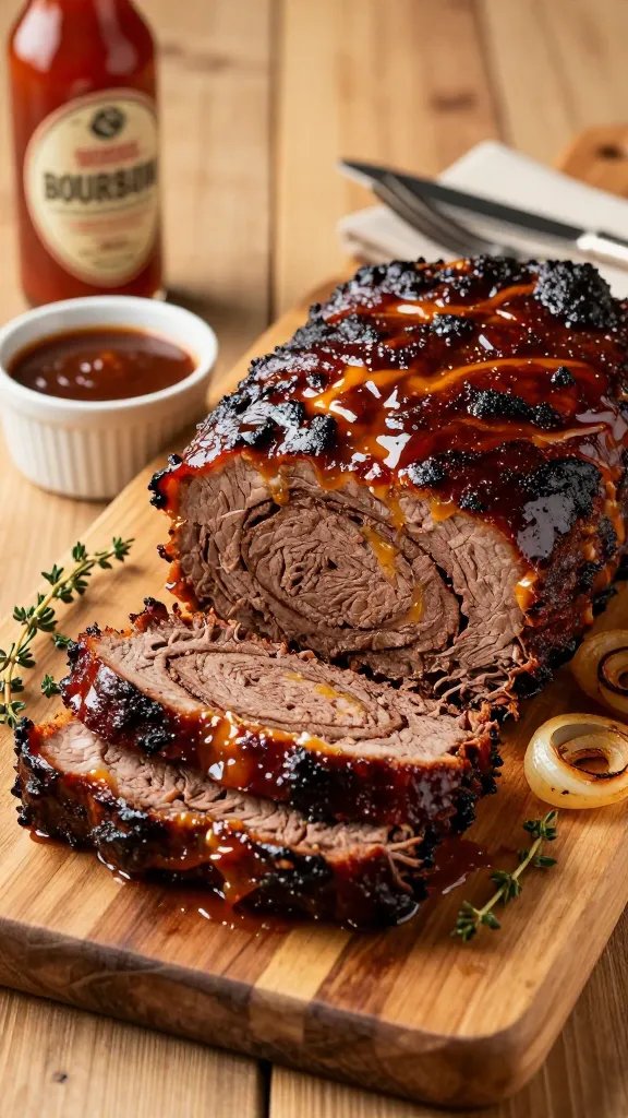 A mouthwatering, high-resolution food photography scene featuring a thick, glossy BBQ Bourbon Meatloaf slice as the star, plated on a rustic wooden board. The meatloaf should have a deep mahogany crust with a caramelized glaze that hints at smoky barbecue and a subtle bourbon sheen. Slice to reveal a juicy, tender interior with visible swirls of meat and melted cheese or glaze streaks for depth. Surround with complementary elements: a small ramekin of smoky barbecue sauce with a hint of bourbon, a few caramelized onions, and a sprig of fresh thyme for color contrast. Lighting is warm and natural, coming from the left to create gentle highlights and soft shadows, enhancing the meat’s glaze and moist texture. Include a vintage barbecue-style sauce bottle slightly blurred in the background for context, and a fork or knife resting casually nearby to suggest ready-to-serve portions. The color palette emphasizes rich browns, amber glaze, and warm wood tones, with minimal clutter and a clean, balanced composition. The main subject must be the BBQ Bourbon Meatloaf slice, presented as the centerpiece with a tasteful arrangement that invites immediate tasting, ensuring the scene exudes cozy, family-friendly comfort and indulgent, home-cooked vibe without any text on the image.