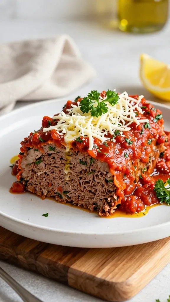 Create a hyper-realistic, high-resolution food photograph of an Italian-Style Meatloaf with Herbed Marinara as the centerpiece. The scene should feature a thick, glossy slice of meatloaf resting on a rustic white ceramic plate, revealing a tender, juicy interior flecked with chopped parsley. The meatloaf is topped with a bright, chunky marinara sauce infused with fresh herbs, and a delicate sprinkle of shredded mozzarella that has just begun to melt around the edges. Include a few fresh parsley sprigs for color contrast and a light drizzle of extra-virgin olive oil to add sheen. Surround the plate with minimal, warm-toned props: a soft linen napkin in a muted earth tone, a small wedge of lemon for brightness, and a simple, unobtrusive wooden cutting board beneath the plate. The background should be clean and unobtrusive, with a shallow depth of field to keep the focus on the meatloaf, but hint at a cozy kitchen setting with soft bokeh lights in the distance. Use natural, diffused lighting from the side to create gentle highlights on the marinara and the mozzarella, emphasizing the textures: the tender crumb of the meatloaf, the chunky sauce, and the smooth melted cheese. The composition should center the main subject with a balanced negative space that emphasizes the plate’s rim and the edge-light catching the top of the meatloaf. Ensure no text appears on the image. The final image should resemble a professional culinary photography shot suitable for a premium recipe feature: sharp detail on the meatloaf interior, glossy sauce, and inviting warmth, conveyed through color harmony of red marinara, white mozzarella, green parsley, and the natural tones of the wooden board and linen.