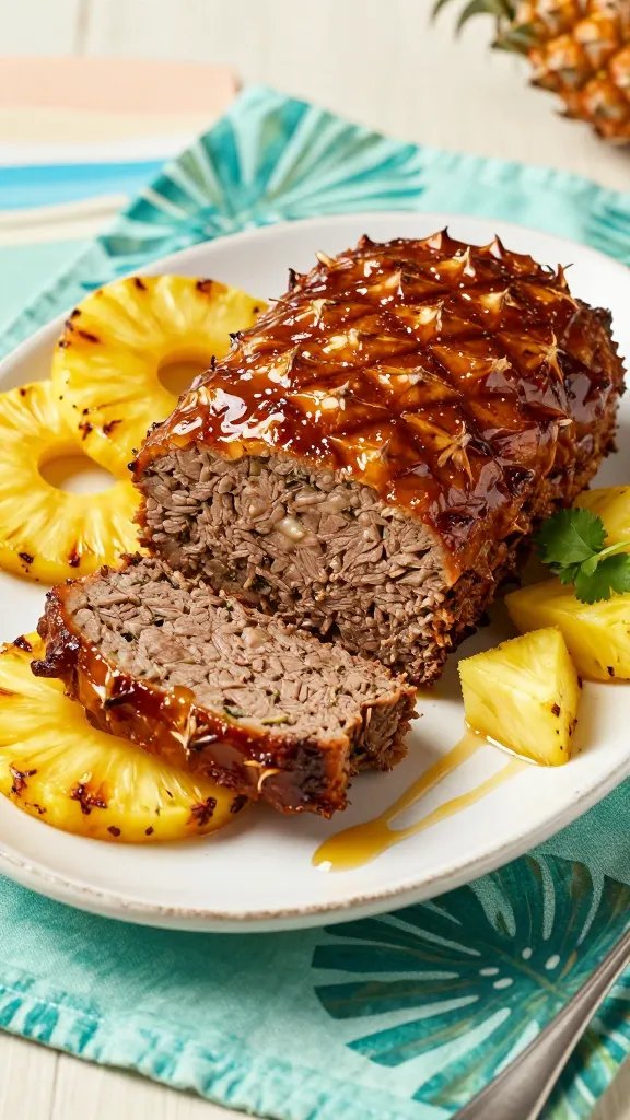 Create a high-resolution, photorealistic culinary scene featuring a Pineapple-Glazed Meatloaf Island Style as the main subject. Portray a thick, hearty meatloaf baked to a glossy, amber-brown crust, sliced to reveal a tender, juicy interior with visible herbs and a hint of pineapple glaze glaze sheen. Position the meatloaf on a rustic white ceramic platter with a slight edge, resting on a tropical-inspired linen placemat in soft teal or aqua to evoke a vacation vibe. Surround the plate with vibrant, caramelized pineapple rings and a few fresh pineapple chunks glistening with glaze. Include a light, tropical garnish: a small sprig of cilantro or microgreens, and a thin drizzle of pineapple glaze artfully swept along the plate to suggest a glossy finish. Use warm, inviting lighting to highlight the meat’s texture and the glaze’s shine, with subtle shadows for depth. The background should be minimal and uncluttered—perhaps a softly blurred dinner table setting with a faint hint of beachy colors (soft blues, corals) to reinforce the island theme without competing with the main subject. Compose the scene to emphasize one to three focal points: the sliced meatloaf showing its juicy interior, the pineapple glaze with a lacquered sheen, and the decorative pineapple garnish. Ensure the color palette communicates tropical warmth—golden-brown crust, bright yellow pineapple, emerald-green microgreens, and turquoise accents. The overall mood should feel festive and homey, like a vacation dinner at home, with a clean, professional food-photography aesthetic suitable for a premium publication. No text or branding on the image.