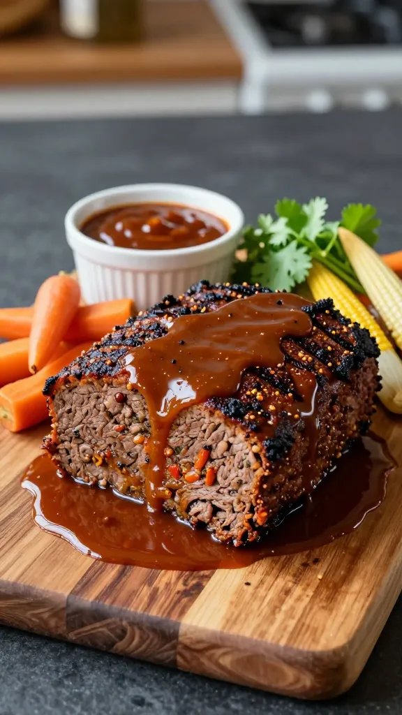 Create a hyper-realistic, high-quality food photograph of a Tex-Man Flair Meatloaf with Chipotle Smoked Sauce plated for a family dinner. The main subject should be a generously sized, perfectly formed meatloaf slice, glazed with a glossy chipotle-smoked sauce that collects in a shallow, warm-toned pool on a rustic wooden board. The crust should appear deeply caramelized with a subtle peppered crust and visible char grill marks, while the interior reveals a juicy, moist texture with delicate specks of herbs and minced peppers. Surround the loaf with complementary elements: a small ramekin of extra chipotle sauce brushed lightly on the loaf’s top, a few fresh cilantro sprigs for color, and soft roasted vegetables (carrot coins, mini corn coblets, and roasted onions) arranged to frame the plate without overcrowding. Use natural, ambient light that highlights the meat’s glaze and the depth of its seasoning, creating gentle reflections on the sauce and a warm, inviting atmosphere. The backdrop should be a clean, deep-stone or dark slate surface with a subtle, blurred kitchen vignette in the distance to imply home cooking. Composition: one to three main subjects (the meatloaf slice as the focal point, a side of roasted vegetables, and the chipotle sauce ramekin) with ample negative space to breathe. Color palette: rich mahogany browns of the meatloaf, amber glaze, smoky red-orange hues from the sauce, contrasted by emerald green cilantro and warm autumnal veg tones. Ensure the image feels cozy and family-friendly, with a slightly elevated, restaurant-quality presentation suitable for a family-dinner feature photo. No text overlays or labels on the image.