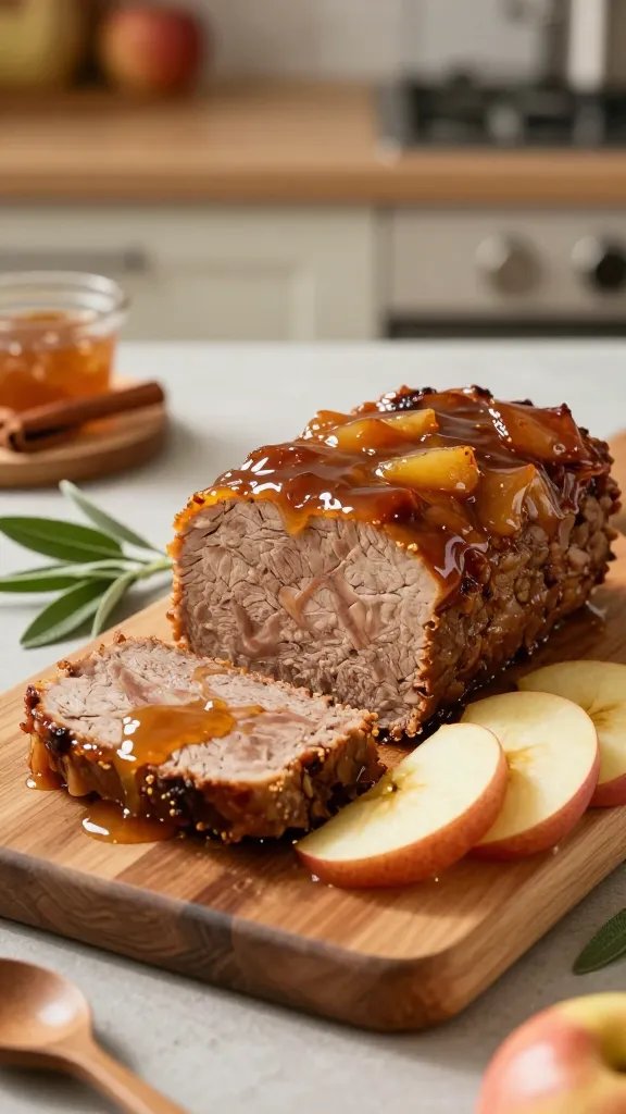A warmly lit, highly realistic food photography scene featuring a centerpiece Apple-Monitored Meatloaf with Sage and Apple Glaze. The meatloaf sits on a rustic wooden cutting board, sliced to reveal a moist, tender interior with a subtle marbling, glazed with a glossy caramel-apple sheen that hints at a golden-brown crust. Surround the loaf with a soft autumn ambiance: a few fresh sage leaves scattered nearby, delicate apple slices fanned and caramelizing at the edges, and a light drizzle of the apple glaze pooling invitingly on the board. Include a small ramekin of extra glaze and a sprig of fresh sage for fragrance and color contrast. Use natural, warm kitchen lighting to create gentle shadows and highlight the glaze’s shine and the meatloaf’s texture. The background should be a shallow depth of field with a muted, earthy-toned kitchen counter and a hint of autumn decor (cinnamon sticks, a wooden spoon) out of focus to evoke October vibes. The composition centers the meatloaf as the star with clean negative space to suggest a premium plated dish. No text or watermarks on the image.