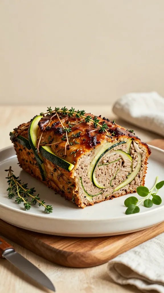 Create a hyper-realistic, high-quality food photography image featuring a Herb Garden Meatloaf with Thyme and Zucchini as the central subject. The meatloaf should be a well-portioned, oval loaf with a glossy, lightly caramelized crust, speckled with finely chopped herbs visible on the surface. Thin, delicate threads of thyme leaves should weave through the loaf’s top and sides, interspersed with ribbons of zucchini that are thinly sliced or julienned, subtly tucked into the loaf’s sides and visible as green, crisp accents. Plate the meatloaf on a rustic, neutral ceramic baking dish or a matte finish plate in a soft, warm white or cream tone to contrast with the loaf. Surround with minimal garnish: a few sprigs of fresh thyme, a couple of delicate zucchini ribbons, and a small cluster of microgreens to suggest garden freshness without crowding the composition. Lighting should be natural and studio-like, coming from the left side to create gentle shadows that highlight the loaf’s texture—the crust’s caramelization, the moist interior visible at the slice edge, and the herb-zucchini streaks. Use a shallow depth of field to keep the loaf in razor focus while softly blurring the background. Background should be clean and minimal: a smooth, light-neutral backdrop (soft beige or pale taupe) with a hint of bokeh or a faint wooden countertop texture to convey a cozy kitchen setting without distracting from the main subject. The scene should convey a family-friendly, comforting dinner vibe, emphasizing freshness and garden-to-table appeal. Props: a simple wooden serving board or plate, a small knife with a wooden handle resting nearby, and a linen napkin folded in a casual style. Color palette should feature warm earth tones—cream, tan, soft browns—and pops of green from thyme and zucchini. The image must be free of text, with no visible branding or labels, and feature only one to three main subjects: the herb-laden meatloaf, the plate or board, and minimal garnish. The composition should be balanced, slightly angled to showcase the loaf’s height and the cross-section reveal of herbs and zucchini within. The overall look should feel tangible, inviting, and restaurant-quality, as if photographed for a cookbook feature.