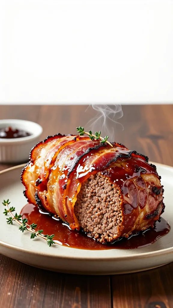 A high-resolution, photorealistic food image of a Bacon-Wound Meatloaf with Smoky Glaze as the main subject, plated for a premium dining page. The meatloaf should be a thick, round loaf with a glossy, deep smoky glaze coating the top and sides, subtly caramelized edges. Woven bacon wrapping visible around the loaf, with crisp edges and a sheen that catches the light. Slice reveals a moist, dense interior with a rich, meaty texture and tiny wisps of smoke. Garnish lightly with a few fresh herb sprigs (thyme or parsley) for color contrast. Plate presentation: a warm, neutral-toned ceramic plate with a shallow lip, spacing allowing the loaf to dominate the frame. Surround with a minimal, elegant setting: a soft-focus, dark wooden table background, a small ramekin of extra glaze on one side, and a clean, white negative space to keep the composition balanced. Lighting: cinematic, directional lighting from the top left to highlight the glaze’s gloss, bacon texture, and interior crumb, with gentle shadows to add depth. Color palette should emphasize rich browns, amber glaze, and golden bacon tones, with green herb accents for contrast. No text, no background clutter, attention to crisp bacon weave, glaze shine, and the appetizing moisture of the interior. The image should read as a high-end food photograph suitable for a feature article, with one to three main subjects (the meatloaf as the primary subject, optional glaze ramekin and herb garnish) and a clean, white space or minimal background elements that do not distract. Ensure the render is 8K-capable, with sharp detail on bacon edges, glaze surface, and crumb structure, suitable for large-format print.
