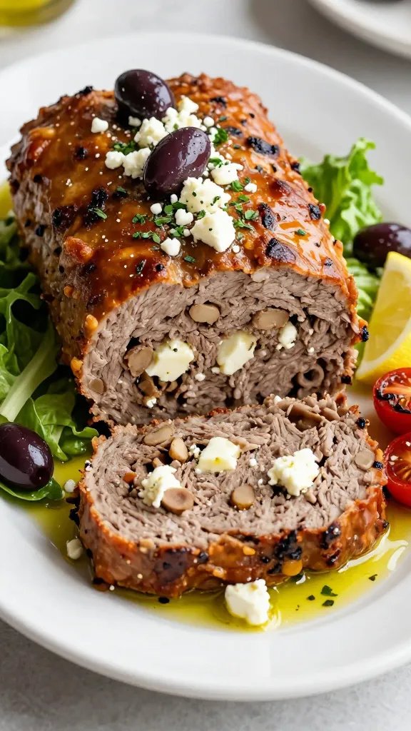 Create a photorealistic, high-resolution food shot of a Greek-style meatloaf centerpiece for a dinner plate: a thick, wedge-shaped slice or a gently sliced portion showing a moist, studded interior with crumbles of feta cheese and visible olive pieces interspersed throughout. The loaf should sit atop a light, lemon-tinted herb-infused olive oil glaze that lightly mingles with a bed of torn fresh romaine or baby greens to provide vibrant greens. Garnish with a few briny Kalamata olives, a light sprinkling of crumbled feta on the top, and a whisper of chopped fresh parsley and oregano for color. Include a complementary side: a small lemon wedge, a drizzle of olive oil, and a few roasted cherry tomatoes to add color and warmth. Plate on a clean white ceramic dish with a simple, elegant rim to emphasize the dish’s colors. The lighting should be bright, natural, and slightly directional to highlight the moist texture of the meatloaf and the crumbly feta bits, creating gentle shadows and depth. The background should be soft and unobtrusive—ideally a neutral kitchen backdrop or a subtle blurred countertop—to keep focus on the meatloaf. Color palette emphasis: warm golden-brown crust, white feta flecks, deep green herbs, glossy black olives, and bright yellow-green accents from lemon. Ensure the meatloaf’s outer crust looks flavorful and inviting, with a moist interior that reveals the feta-studded texture. Use high dynamic range to capture the sheen on the glaze, the sheen of olive oil, and the juicy crumb structure without any text or watermark on the image. The shot should be a close-up, three-quarter angle that communicates richness and comfort, suitable for a food magazine or culinary blog feature. Maintain natural color accuracy and avoid over-stylized editing; the scene should feel homey yet premium, approachable for a family dinner while still restaurant-worthy.