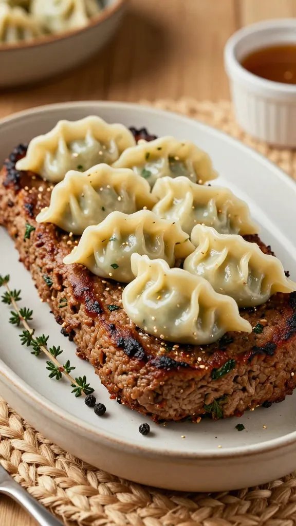A photorealistic, high-resolution culinary scene featuring a savory herb dumpling meatloaf as the centerpiece, plated on a rustic oval ceramic dish. The meatloaf is a rich, browned loaf with a slightly glossy crust, studded with fresh herbs visible through the surface. On top, delicate, bite-sized dumplings with a light, flakey texture are arranged in a visually appealing cluster that partially overlaps the loaf, some dumplings tucked into the sides as if baked on. The dumplings should have a pale sesame-yellow hue with small specks of green herbs, and a subtle sheen suggesting a light glaze. Surround the loaf with a cozy, homey spread: a background of a woven placemat, a soft-focus wooden table edge, and a warm, amber lighting to evoke a comforting family dinner atmosphere. Include complementary garnishes such as a sprig of thyme and a few cracked black peppercorns scattered nearby, plus a small ramekin of tangy gravy with a gentle gloss to the side. The dish should be presented with clean, balanced composition and minimal clutter, ensuring the main subject—Savory Herb Dumpling Meatloaf—dominates the frame. Use natural textures: the meatloaf crust appears slightly charred at the edges, the dumplings have subtle folds and creases, and the dish presents a tactile contrast between the dense loaf and the delicate dumplings. The color palette should be warm browns, golden dumpling hues, and fresh green herb accents. Shot from a slight downward angle (about 30 degrees) to capture the layered texture of the dumplings atop the loaf, with a shallow depth of field to softly blur the background while keeping the main subject crisp. No text or logos on the plate or background. The image should read as a professional, studio-quality food photograph suitable for a family-friendly recipe feature.