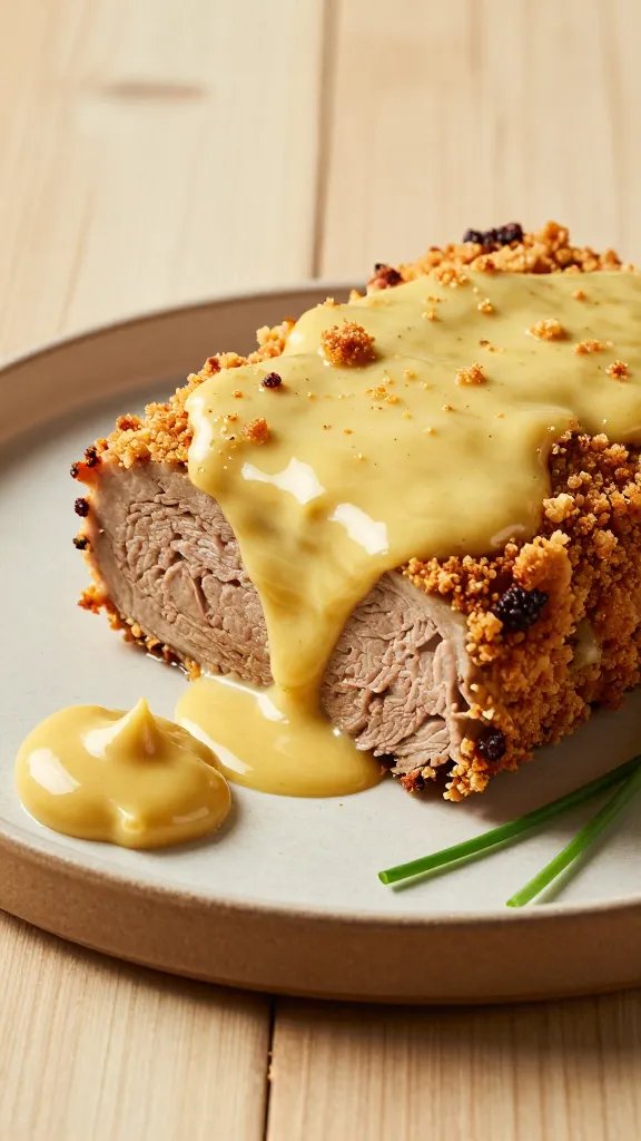 Create a photorealistic, high-contrast dinner scene featuring a single, generous slice of Creamy Mustard-Muer Meatloaf with a glossy, pale mustard glaze and a crisp, golden-brown panko crust. Plate it on a rustic, warm-toned ceramic platter with a slight edge, resting on a lightly textured wooden table. Surround the slice with subtle, complementary elements: a small dollop of extra creamy mustard beside the slice, delicate wisps of creaminess trailing into the glaze to imply its richness, and a few fresh chive spears laid casually for a pop of green. The meatloaf should have a moist, tender interior visible at the cut edge, with a distinct crust of evenly distributed, extra-crunchy panko crust on top. Display the dish at a slight angle to emphasize depth, capturing the sheen of the glaze and the crumb texture. Lighting is natural and warm, highlighting the glossy glaze and the crisp crust while creating gentle shadows to convey depth. Use a clean, unobtrusive background in soft, neutral tones (cream or light beige) to ensure the main subject stands out. No text, no utensils in the frame; keep the composition uncluttered with one to three focal elements: the meatloaf slice as the hero, a small mustard dollop, and a hint of green garnish for contrast. Emphasize the creamy glaze meeting the crunchy crust, the tender interior, and a cozy, homestyle Sunday dinner mood suitable for family comfort yet refined enough to feel special. Ensure the image feels tactile and inviting, inviting the viewer to imagine the first bite.