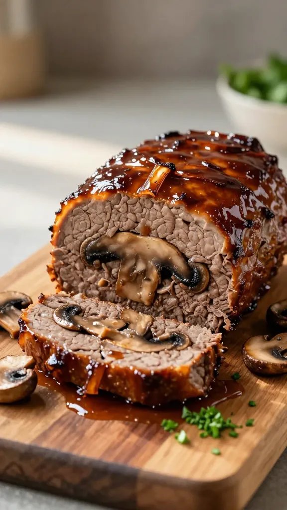 A hyper-realistic, high-resolution food photography scene featuring a perfectly shaped, glossy meatloaf centerpiece sliced to reveal a moist, mushroom-infused interior, resting on a rustic wooden cutting board. The meatloaf exterior has a rich, caramelized glaze with a subtle sheen that highlights its juicy texture, while delicate caramelized mushroom ribbons peek between slices. Surrounding elements include a drizzle of savory mushroom glaze pooling softly on the board, a few sautéed mushrooms, and a sprinkle of finely chopped parsley for a pop of green. Soft, natural light from the left creates gentle highlights and shadows, emphasizing the meatloaf’s moist interior and glossy exterior. The background is warmly blurred with neutral tones to keep the focus on the centerpiece, minimal props, no text on image.