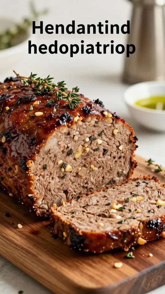 Create a high-resolution, realistic food photograph of a herb-infused meatloaf centerpiece: a thick, glossy sliced portion prominently displayed on a rustic wooden board, revealing a fragrant interior speckled with visible thyme flecks, minced garlic, and delicate onion bits. The loaf should glow with moist, tender texture, with a light sheen of glaze and a few fresh thyme sprigs resting on top. Surround the plate with soft, natural lighting to highlight the rich colors—deep caramel crust, warm tan interior, and emerald herb bits—and a subtle background of blurred kitchen elements and a small dish of herb oil or gravy on the side to suggest complementary moisture. The overall composition should be elegant, appetizing, and showcase the loaf as the main subject from the article title. No text on the image.