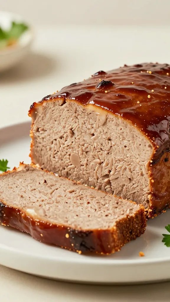 Create a hyper-realistic, high-resolution food photograph of a thick, glossy meatloaf slice from a perfectly glazed loaf, styled to emphasize moisture and crumb texture. The main subject is a moist meatloaf slice with even breadcrumb specks visible in the cut face, showing a delicate crumb structure and a subtle, glossy crust just beneath the surface to imply moisture retention. Present the slice on a clean, light-colored plate with a shallow depth of field, soft natural lighting, and a minimal background to keep focus on the loaf’s texture. Include a small, complementary garnish on the side (e.g., a sprig of parsley or a thin drizzle of glaze) to enhance visual appeal without overpowering the meatloaf. No text. Realistic shadows, warm tones, and food-appropriate color balance to highlight the breadcrumb specks and the moist interior.