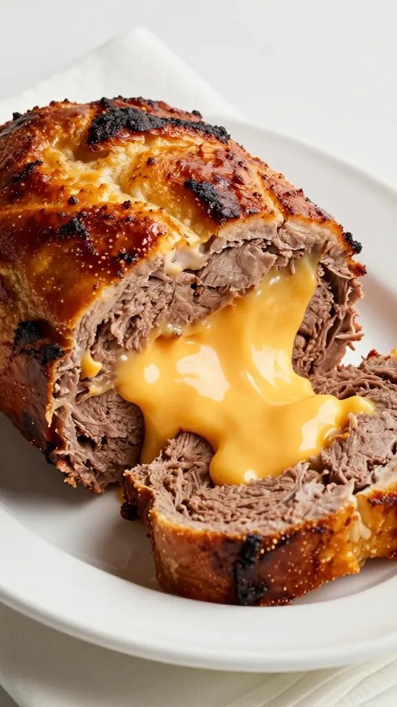 Create a high-resolution, hyper-realistic food photograph of a plated meatloaf slice with a dramatic molten cheddar core. The shot should feature a thick slice of meatloaf sliced to reveal a gooey, bright cheddar center that stretches appealingly as a cheese strand pulls away. The meatloaf loaf should have a lightly caramelized, golden-brown crust and a juicy, tender interior visible at the cross-section. Plate the slice on a clean white porcelain plate with a subtle, elegant napkin fold beneath or beside it for context. Use soft, natural studio lighting to emphasize the glossy melt of the cheddar, with careful attention to the contrast between the savory meat and the melted cheese. Frame the composition from a slightly elevated angle (about 40–45 degrees) to clearly show the cross-section, melt, and texture, ensuring no text or branding appears in the image.