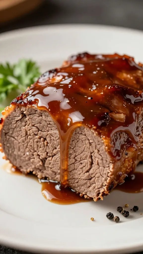 Generate a hyper-realistic, high-resolution food photograph of a meatloaf slice finished with a glossy, dramatic glaze drip. The main subject is the meatloaf slice front-and-center on a clean, simple plate, with a generous glaze flow cascading from the top edge down the sides in a rich, amber-brown sheen that catches light and creates reflective highlights. Include subtle, moody lighting to emphasize the glaze’s gloss and the meatloaf’s tender crumb, with a soft, shallow depth of field that keeps the slice razor-sharp while gently blurring the plate and background. Add a small, complementary side garnish (e.g., a sprig of parsley or a few coarse-ground pepper flakes) to hint at color contrast without cluttering the frame. Ensure no text appears in the image.