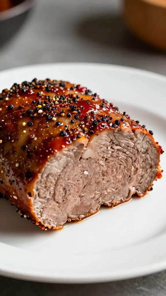 Create a hyper-realistic, high-resolution food photograph of a savory pepper-kissed meatloaf slice served on a pristine white plate. The meatloaf should have a glossy, faint glaze and a marbled interior with visible flecks of black pepper and paprika throughout. Show a pepper rub crust with distinct pepper specks and paprika zing on the exterior. Plate the slice at a slight angle to reveal the moist interior, capturing a dewy glaze sheen and subtle steam. Surround the plate with a minimal, softly blurred background that hints at a warm kitchen setting—contrasty lighting to emphasize the textures: the glossy glaze, the peppery crust, and the juicy interior. No text or logos on the image.