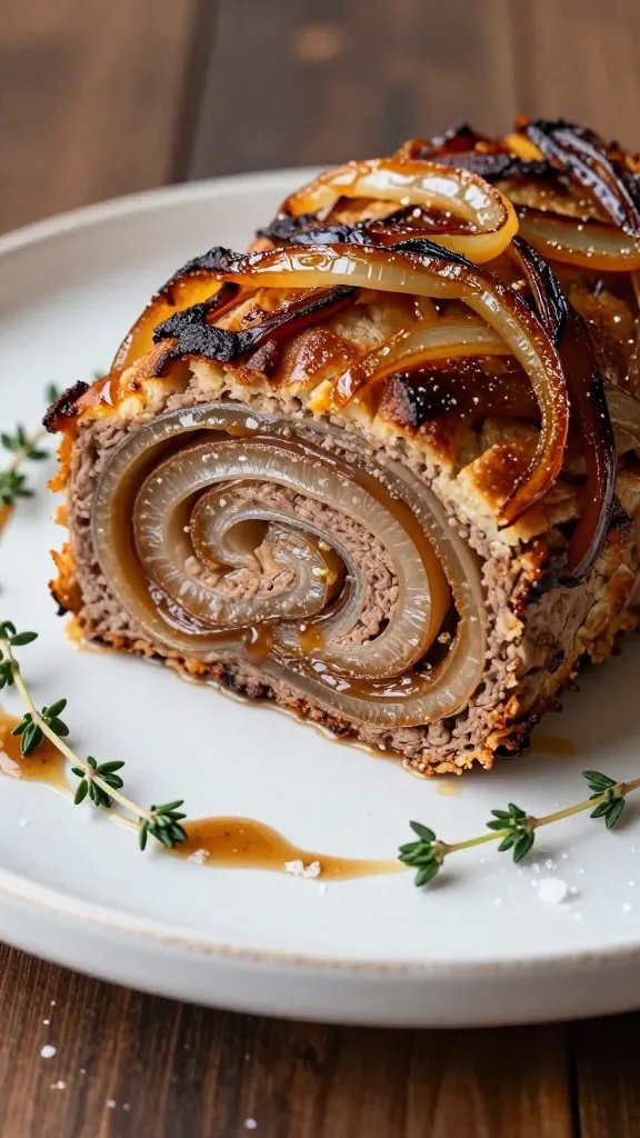 Create a hyper-realistic, high-resolution food photograph of a meatloaf featuring caramelized onion ribbons woven through the crust. The loaf sits on a rustic white plate with a slight lip, placed on a dark wooden table. The interior cross-section is visible, showing distinct, shiny, slightly translucent caramelized onion layers spiraling through the loaf. The crust is deeply golden-brown with caramelized edges, and a few glistening onion strands peek from the top. Surround the plate with minimal garnishes: a small sprig of fresh thyme, a light dusting of flaky sea salt, and a subtle drizzle of glossy gravy to the side. Use natural, soft lighting to accentuate the moist interior and the sheen of the onions, capturing rich textures, warm tones, and an appetizing, homey presentation. No text, no background distractions. The main subject beams: the caramelized onion-hued meatloaf as described in the article title.