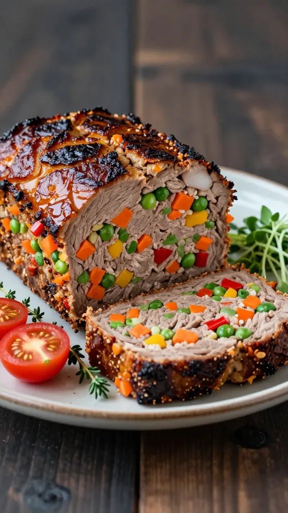 A high-resolution, hyper-realistic food photography setup featuring a thick slice of meatloaf with a sturdy, seared crust, placed on a rustic ceramic plate. The interior reveals finely chopped garden vegetables—orange carrot bits, emerald peas, and red/or yellow bell pepper specks—distributed evenly throughout the savory loaf, creating colorful speckles. Surround the slice with a few fresh garden vegetables as garnish (halved cherry tomatoes, a sprig of thyme, and a small pile of microgreens) on a dark, textured wooden table to enhance contrast. Soft, natural lighting from the side casts gentle shadows, highlighting the moist, tender crumb and the glossy glaze on the crust. A shallow depth of field keeps the focus on the meatloaf slice while softly blurring the background. No text or logos on the image.