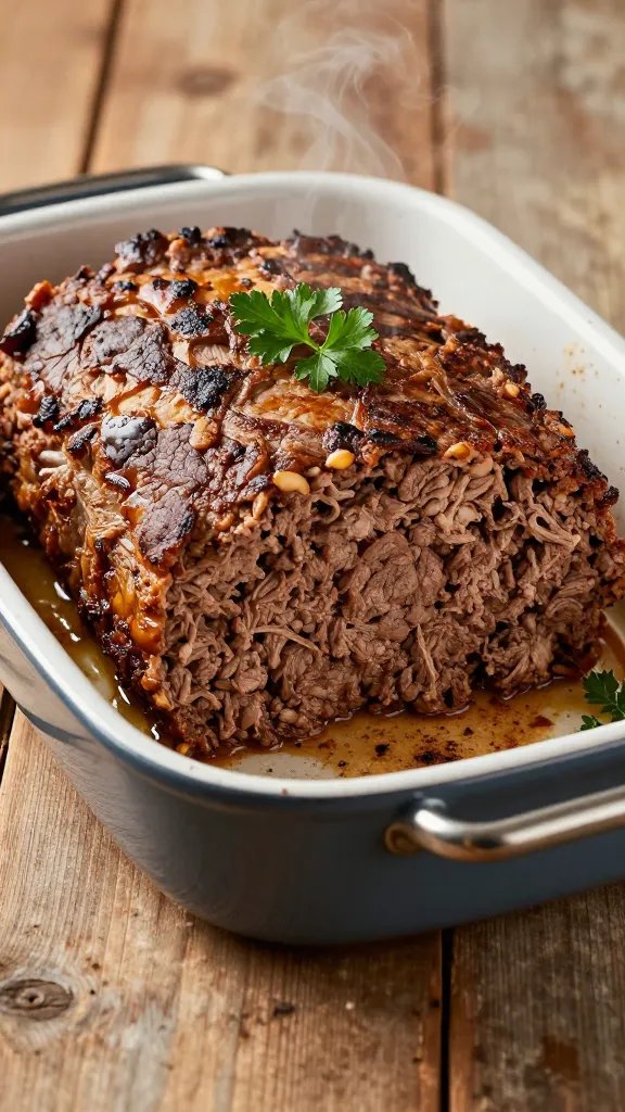 A high-resolution, ultra-realistic food photograph of a classic meatloaf served on a vintage enamel baking dish. The meatloaf should be thick with a rich, rustic crust and a single wedge cut out to reveal a juicy, marbled interior. The dish rests on a retro, slightly worn wooden table with soft, warm lighting that creates gentle shadows and a nostalgic, homestyle ambiance. Include subtle steam rising from the meatloaf to emphasize freshness, and garnish lightly with a sprig of parsley for a touch of color. No text or branding on the image. The composition should center the meatloaf in the frame, with the enamel dish showing its characteristic speckled edge and a glimpse of the vintage metal undercarriage.