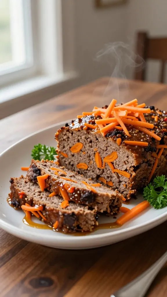 Create a hyper-realistic, high-resolution food photography shot of a savory carrot-boosted meatloaf centerpiece sliced to reveal its moist, chunky interior, prominently featuring finely grated orange carrots woven throughout the loaf. Plate the meatloaf on a rustic white ceramic oval dish with a subtle glaze sheen, set on a dark walnut wood table for contrast. Surround the loaf with minimalist garnishes: a small sprig of fresh parsley, a few ultra-thin carrot ribbons for color accents, and a light drizzle of caramelized onion glaze along the edge of the plate. Use soft, natural window-light from the left to create gentle shadows, highlighting the loaf’s moist crumb and the carrot specks. Include a shallow depth of field to keep the meatloaf in sharp focus while softly blurring the background elements. The composition should feel warm, homey, and inviting, with the meatloaf as the undeniable hero, showing moistened slices fanned slightly to showcase texture and carrot integration. Ensure no text, no background clutter, and a clean white negative space around the plate to emphasize the dish. The color palette should emphasize natural browns of the meatloaf, vibrant orange flecks from the carrots, emerald green of the parsley, and the rich glaze tones, all captured in true-to-life color reproduction suitable for high-end food publishing. Include subtle steam wisps rising to imply warmth, and a gentle, non-distracting plate edge reflection to add realism. The overall mood is comforting, homestyle, and appetizing, suitable for a premium dinner table setting.